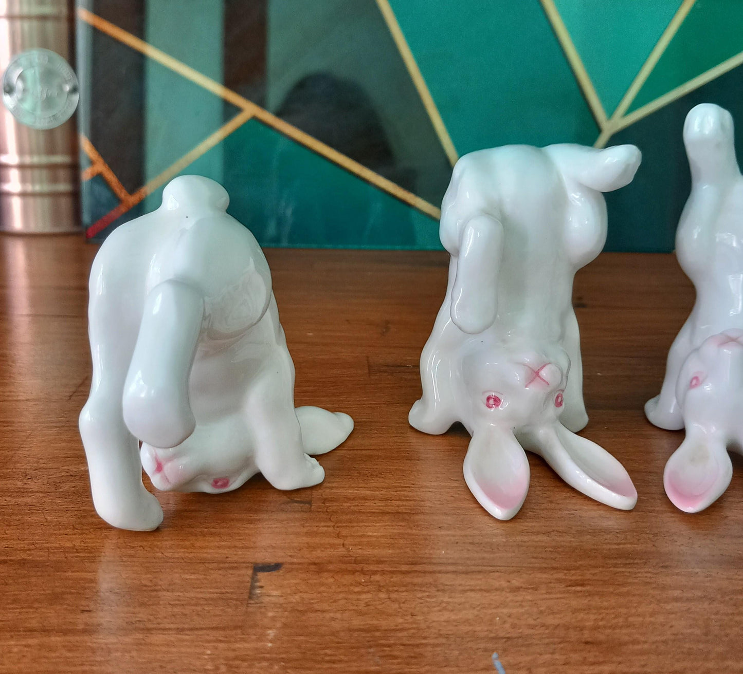 1980s set of 4 bone china white rabbits in different poses