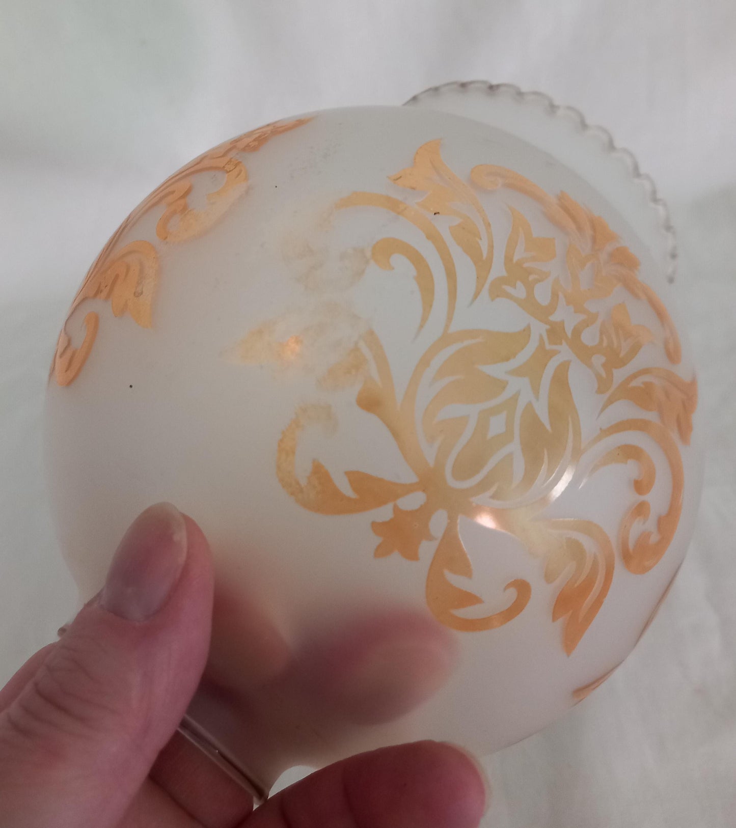 Vintage frosted glass and gold damask leaf design lamp shade for oil lamp