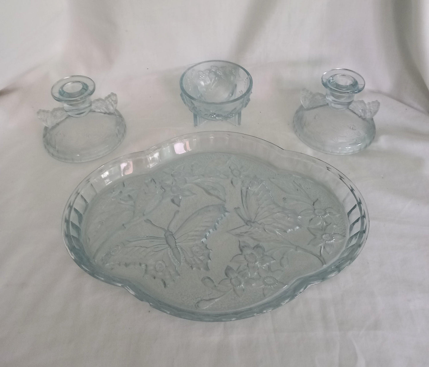 Art deco Sowerby blue butterfly design pressed glass partial dressing table set