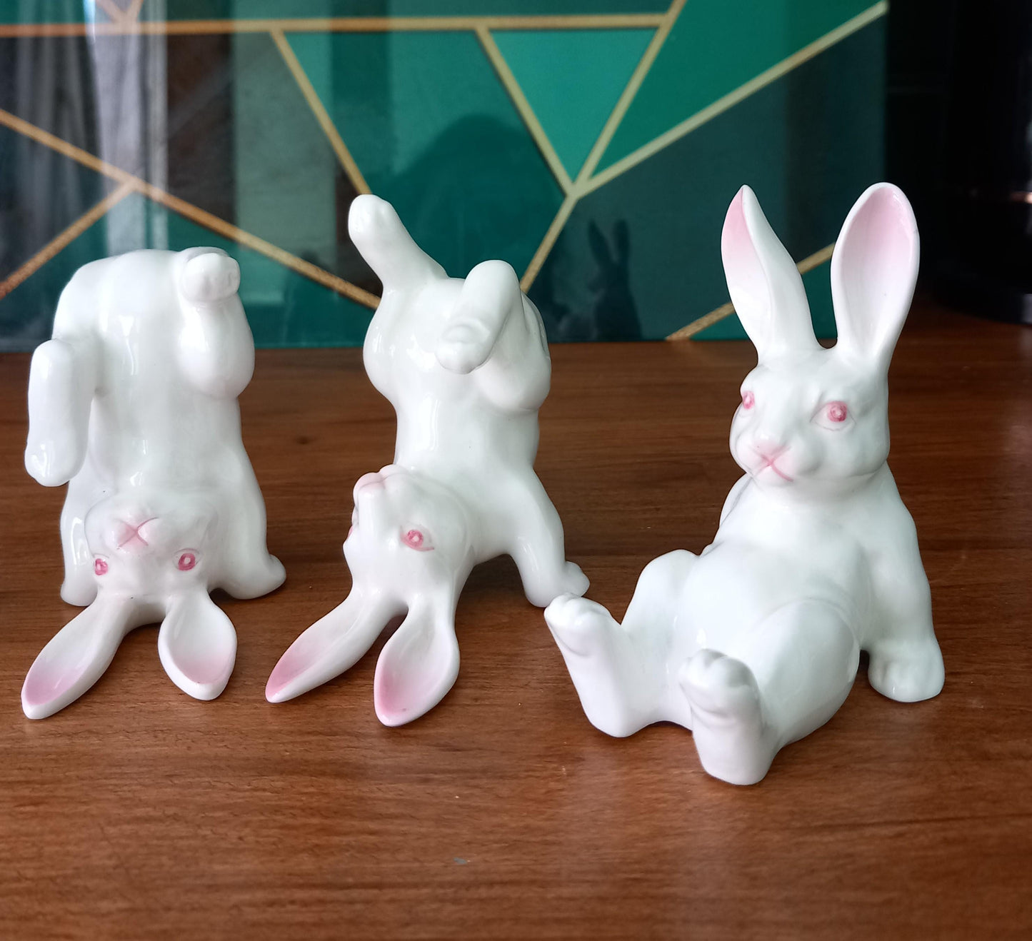 1980s set of 4 bone china white rabbits in different poses