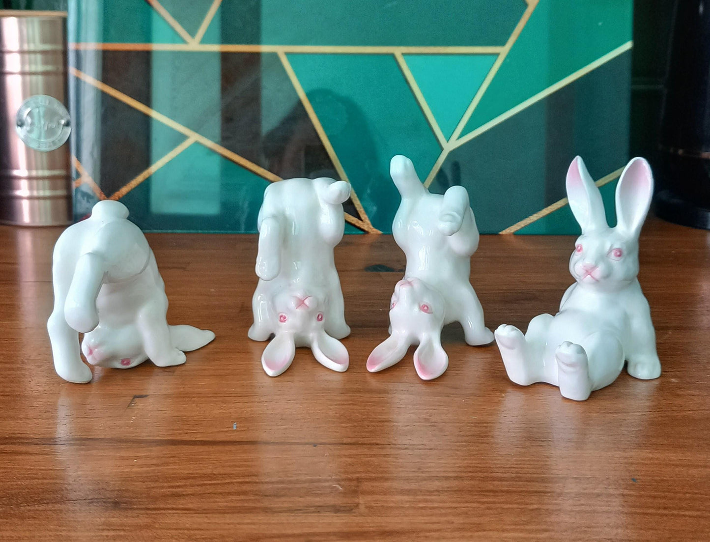 1980s set of 4 bone china white rabbits in different poses