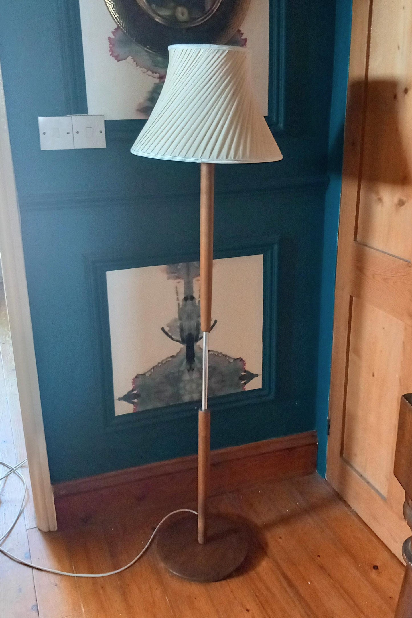 Mid century 1970s teak wood & chrome standard lamp PAT Tested