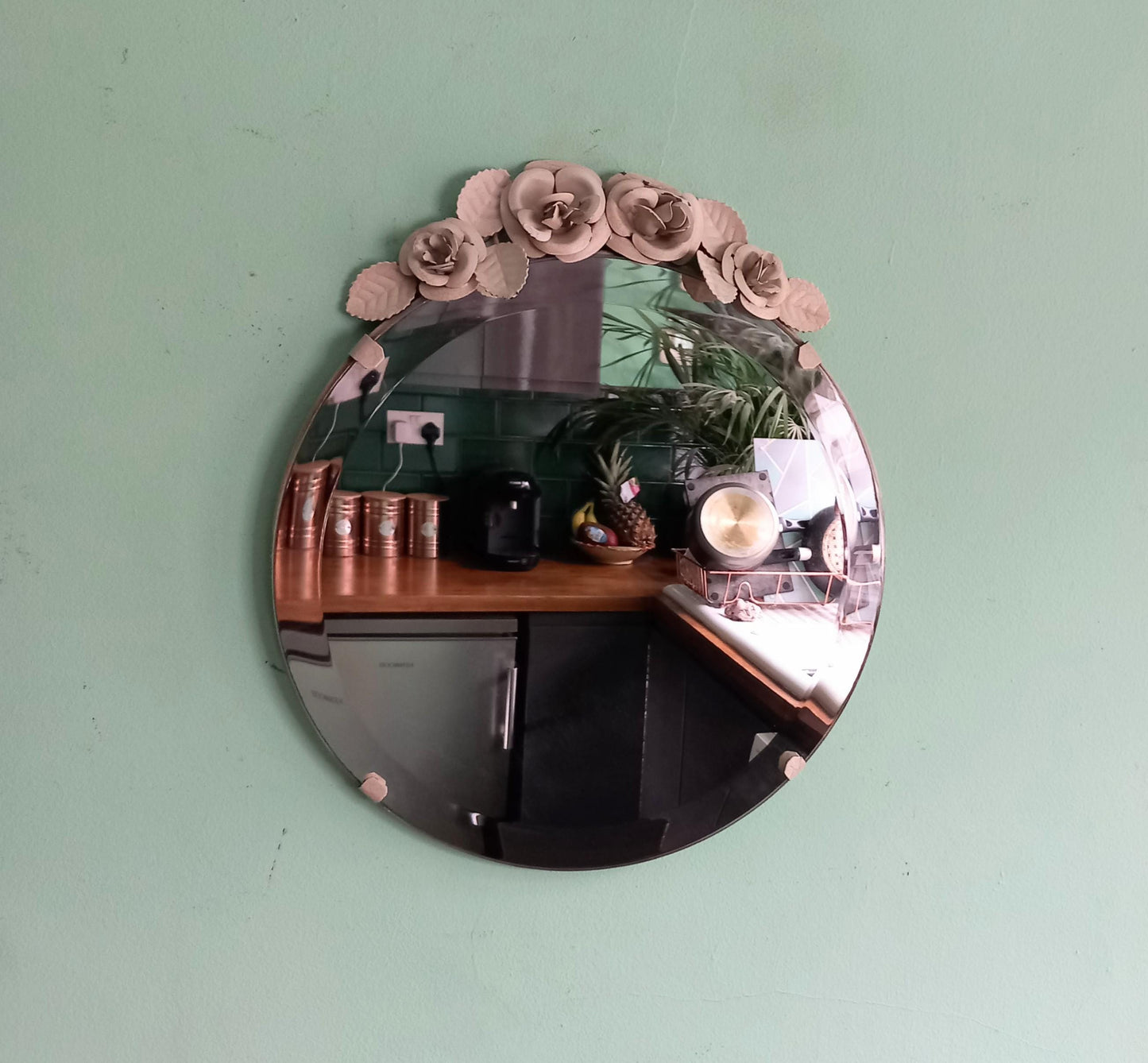 Late 20th century round frameless white metal rose detail wall mirror