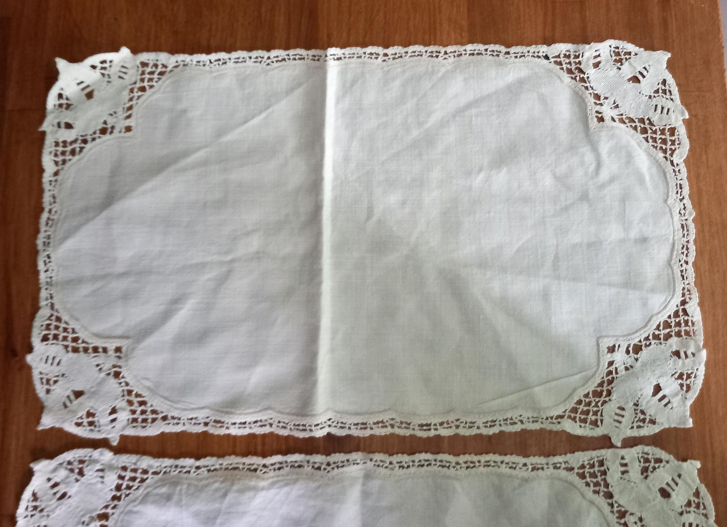Pair of vintage Edwardian white cotton doily cloths with hand made lace edge