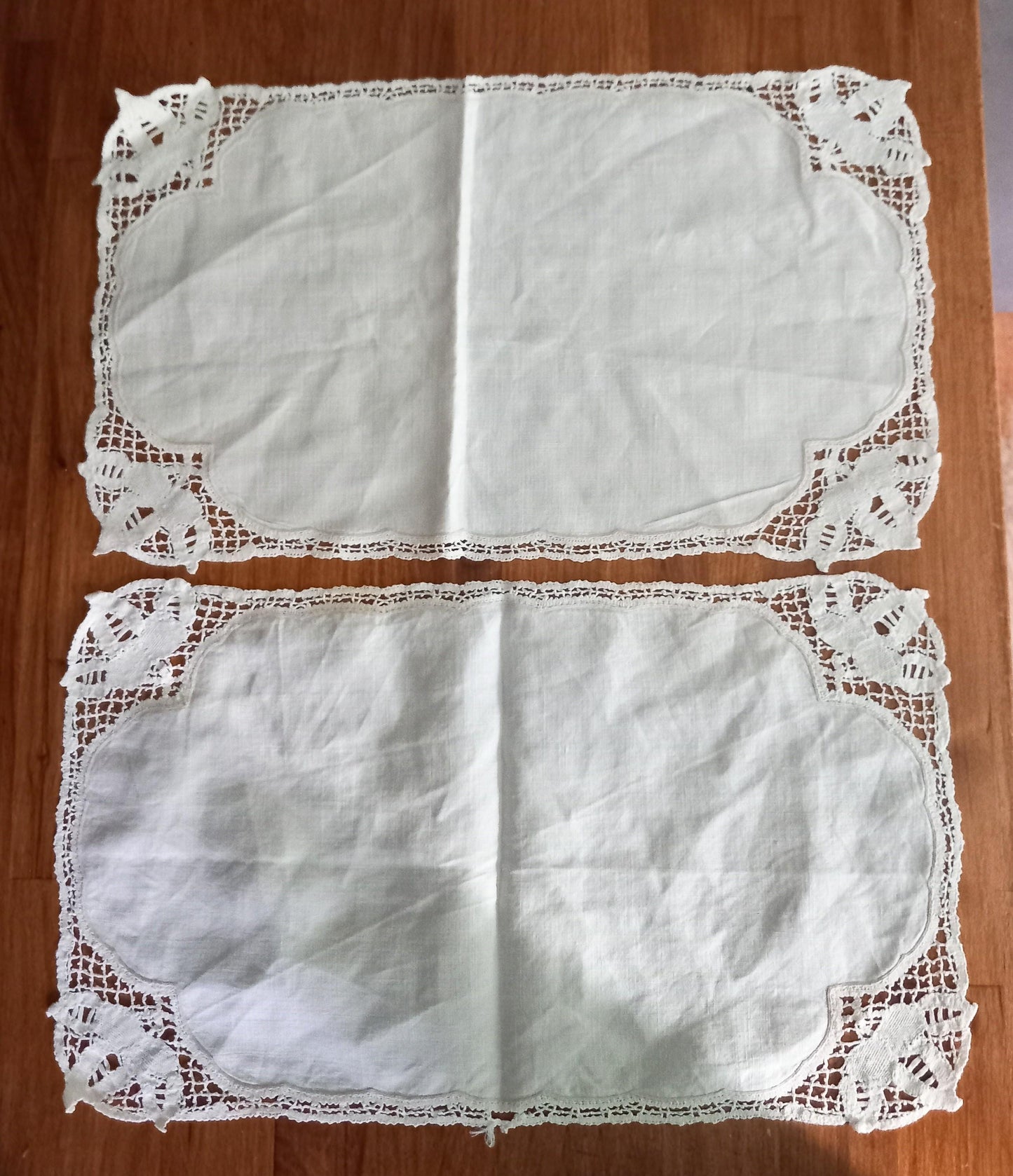 Pair of vintage Edwardian white cotton doily cloths with hand made lace edge