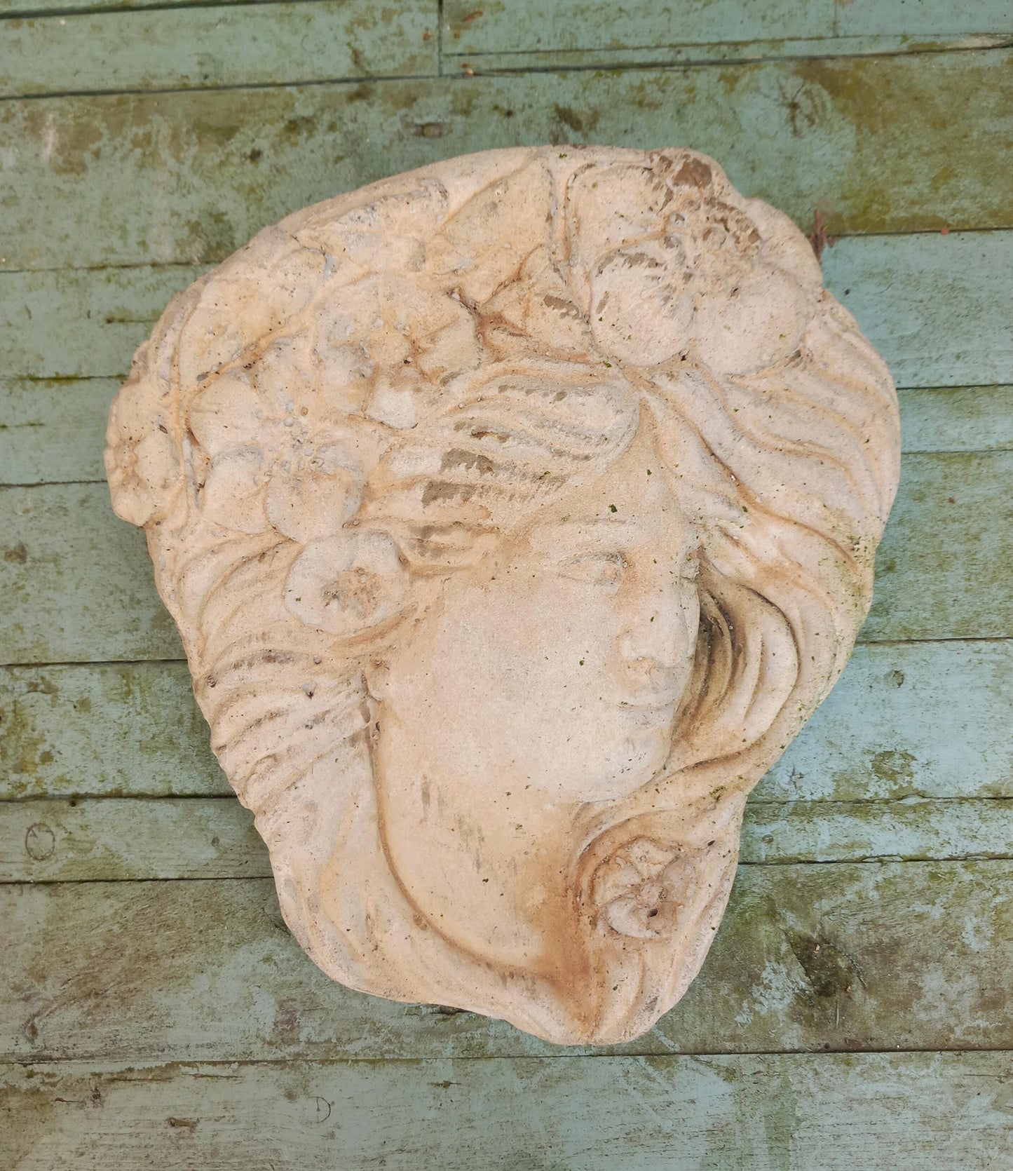 late 20th century concrete garden wall pocket in Art Nouveau lady's head design