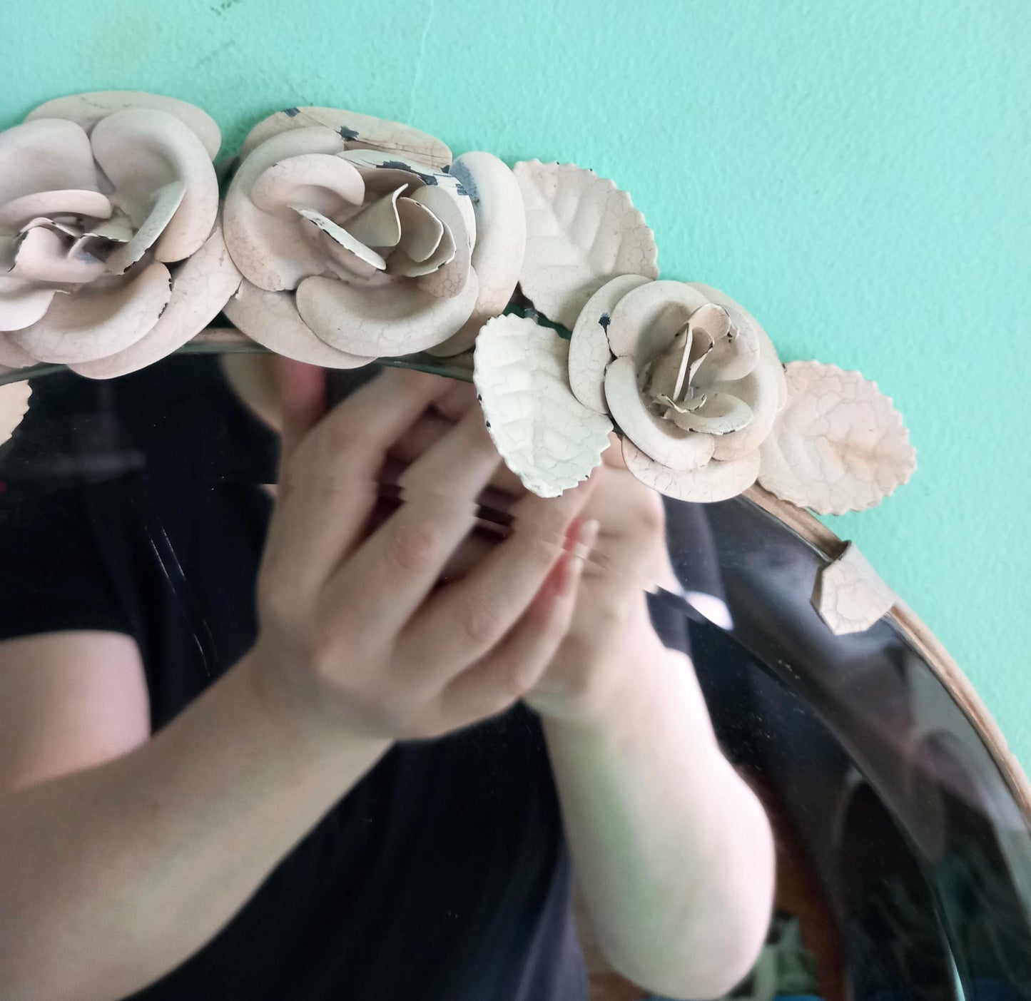Late 20th century round frameless white metal rose detail wall mirror