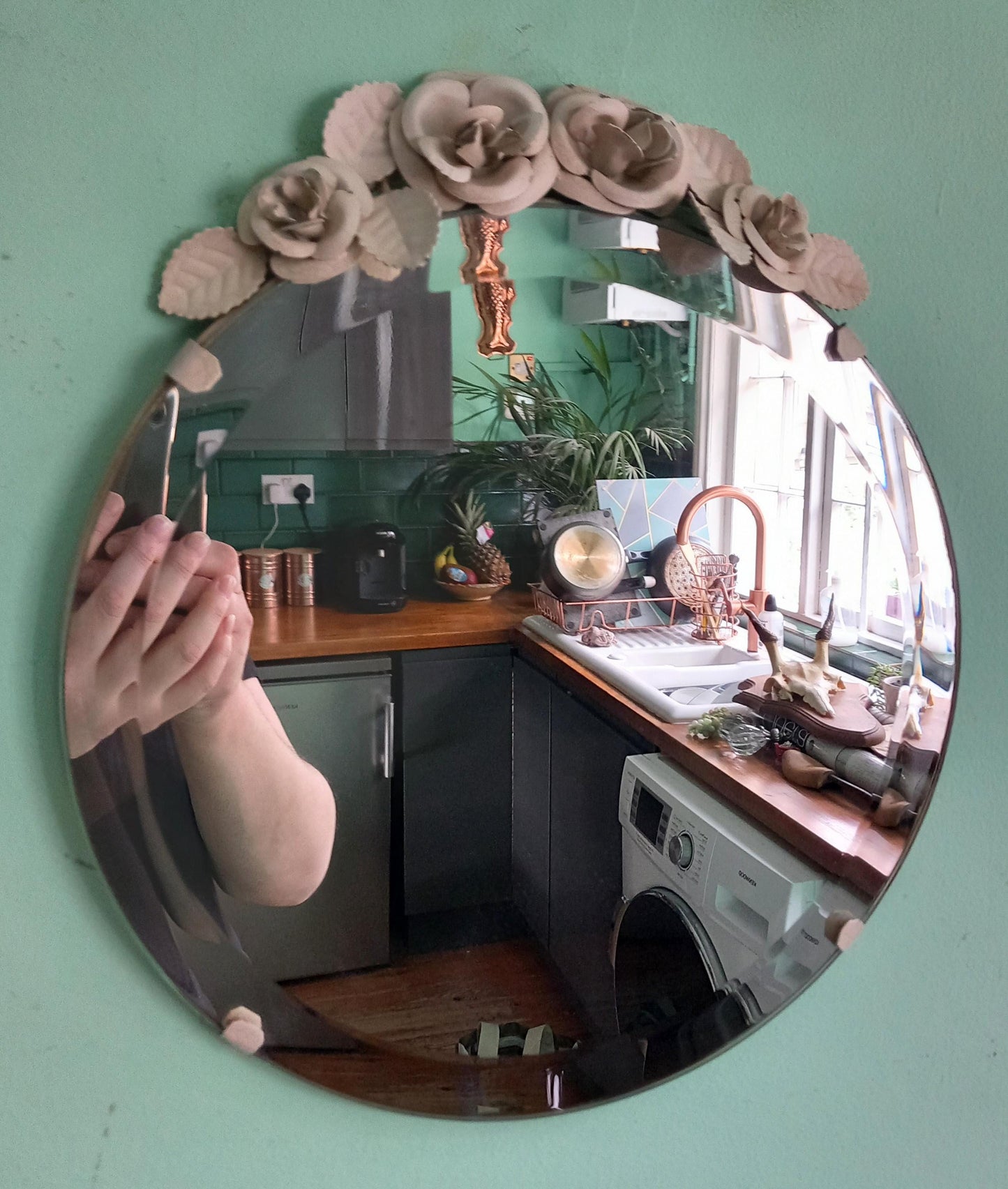 Late 20th century round frameless white metal rose detail wall mirror