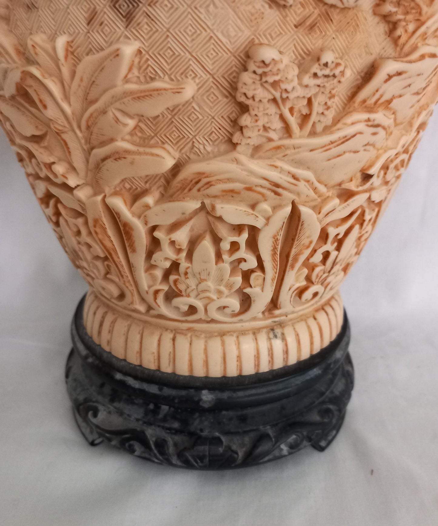 Vintage large Chinese hand carved ivorine cream elephant handle vase
