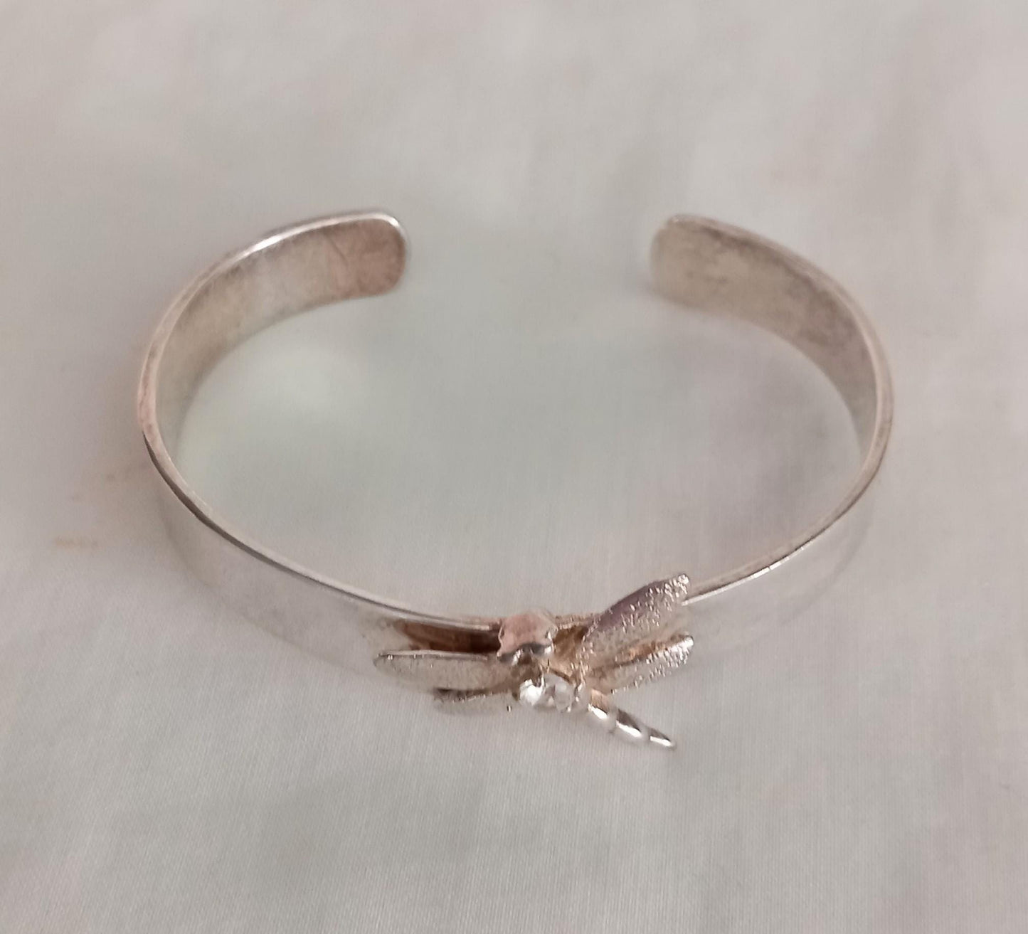 Sterling silver 925 dragonfly insect cuff bracelet with clear stone S/M