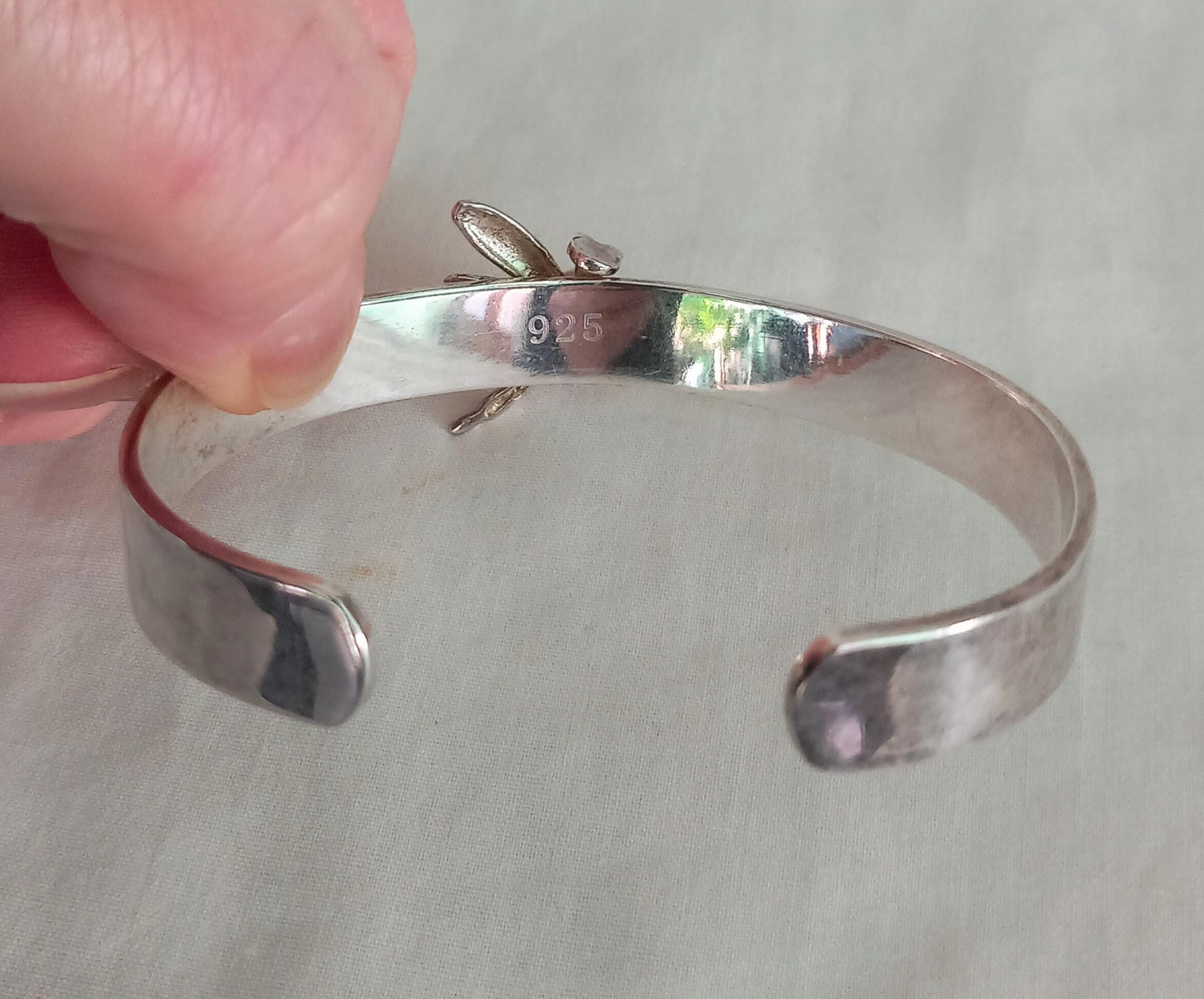 Sterling silver 925 dragonfly insect cuff bracelet with clear stone S/M