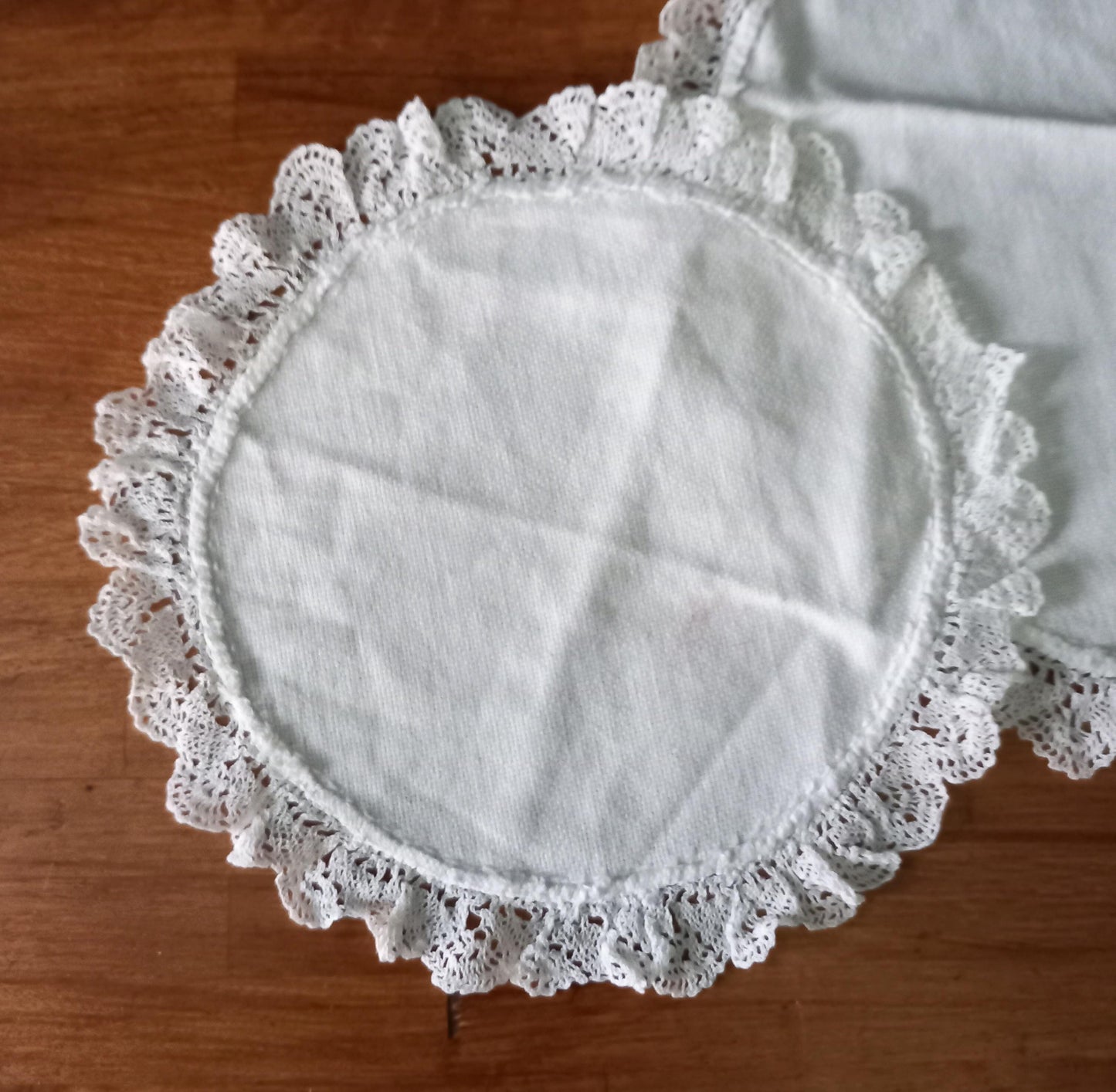 Set of 3 vintage Edwardian white round cotton doilies with hand made lace edge