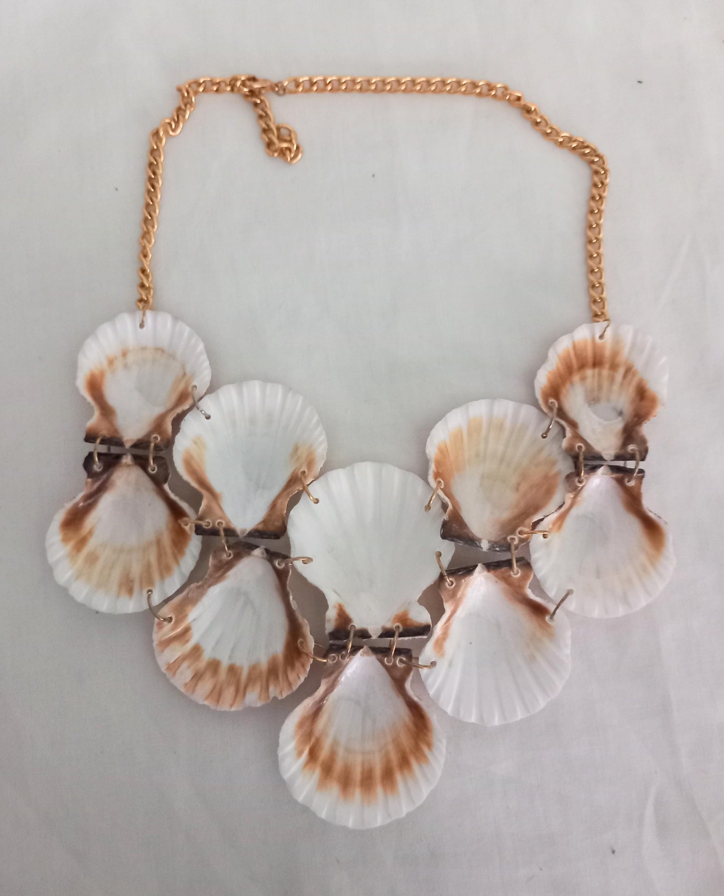 Hand made orange scallop shell statement bib necklace