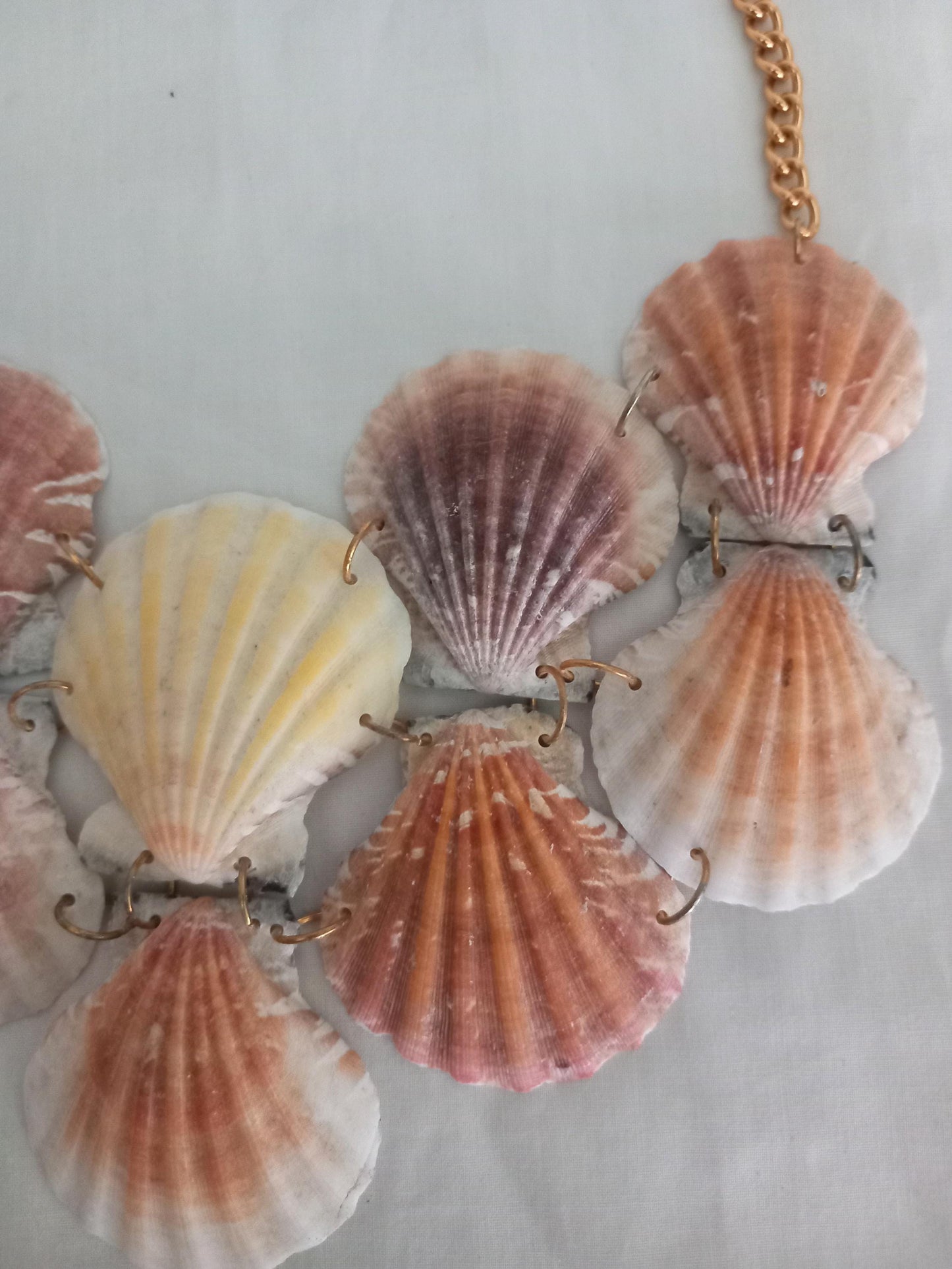 Hand made orange scallop shell statement bib necklace