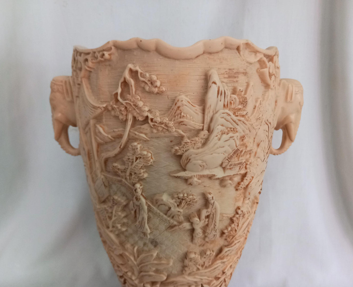Vintage large Chinese hand carved ivorine cream elephant handle vase