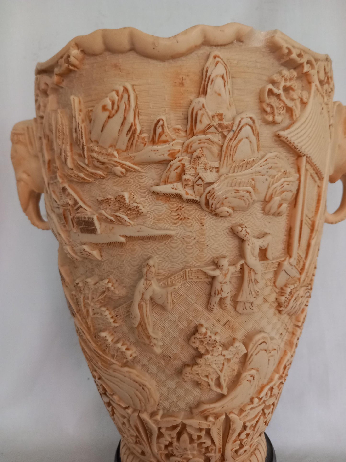 Vintage large Chinese hand carved ivorine cream elephant handle vase