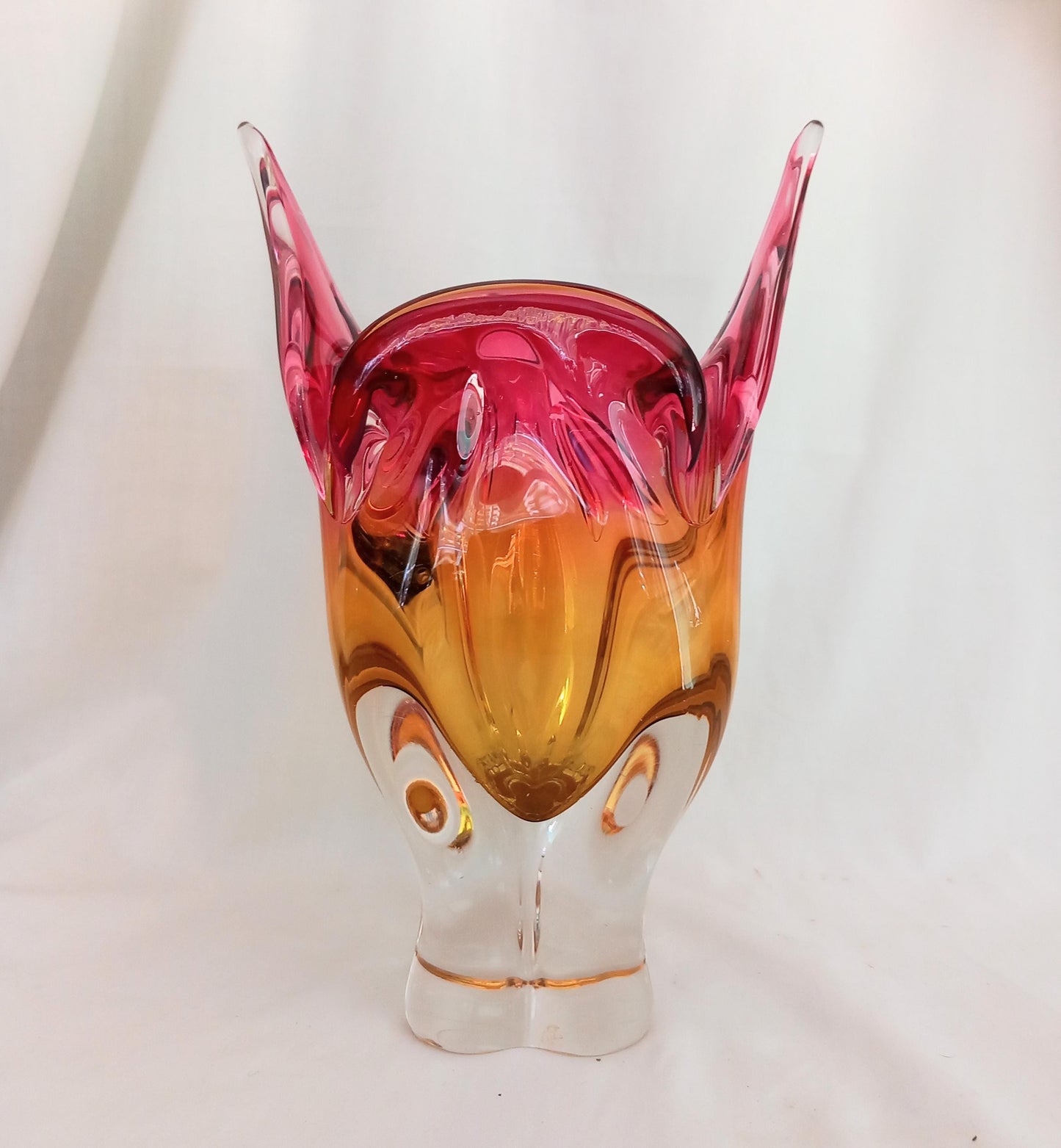 Vintage pink & yellow Sklo Union glass Chribska Cats Head vase by Josef Hospodka