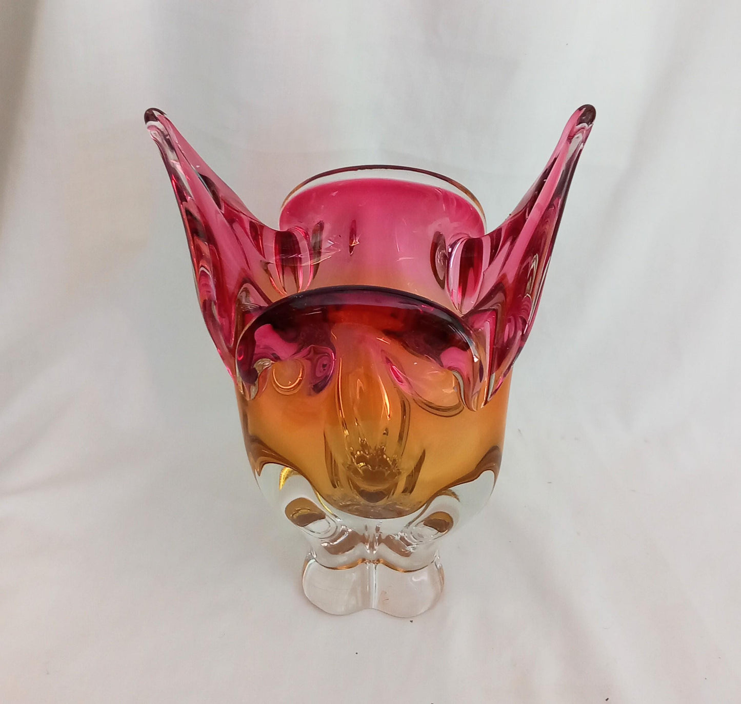 Vintage pink & yellow Sklo Union glass Chribska Cats Head vase by Josef Hospodka