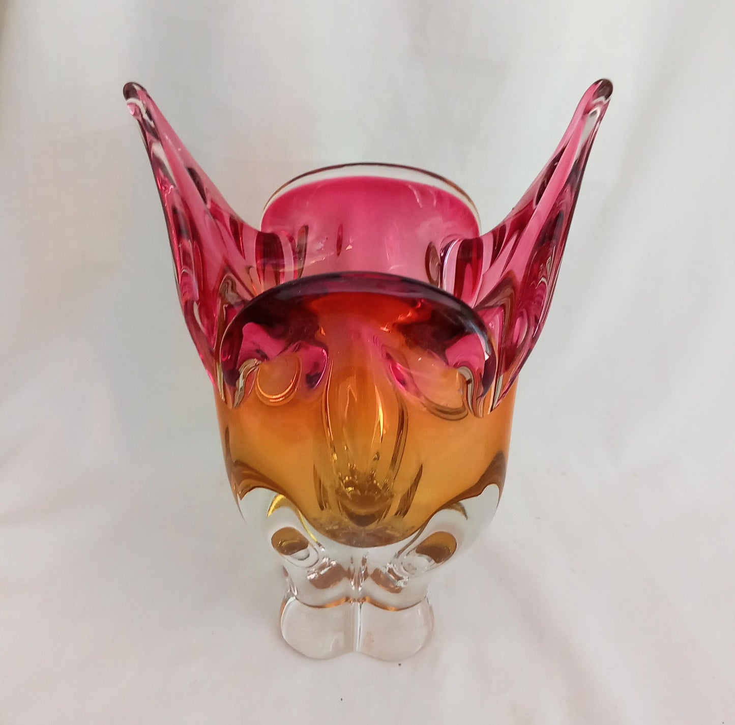 Vintage pink & yellow Sklo Union glass Chribska Cats Head vase by Josef Hospodka