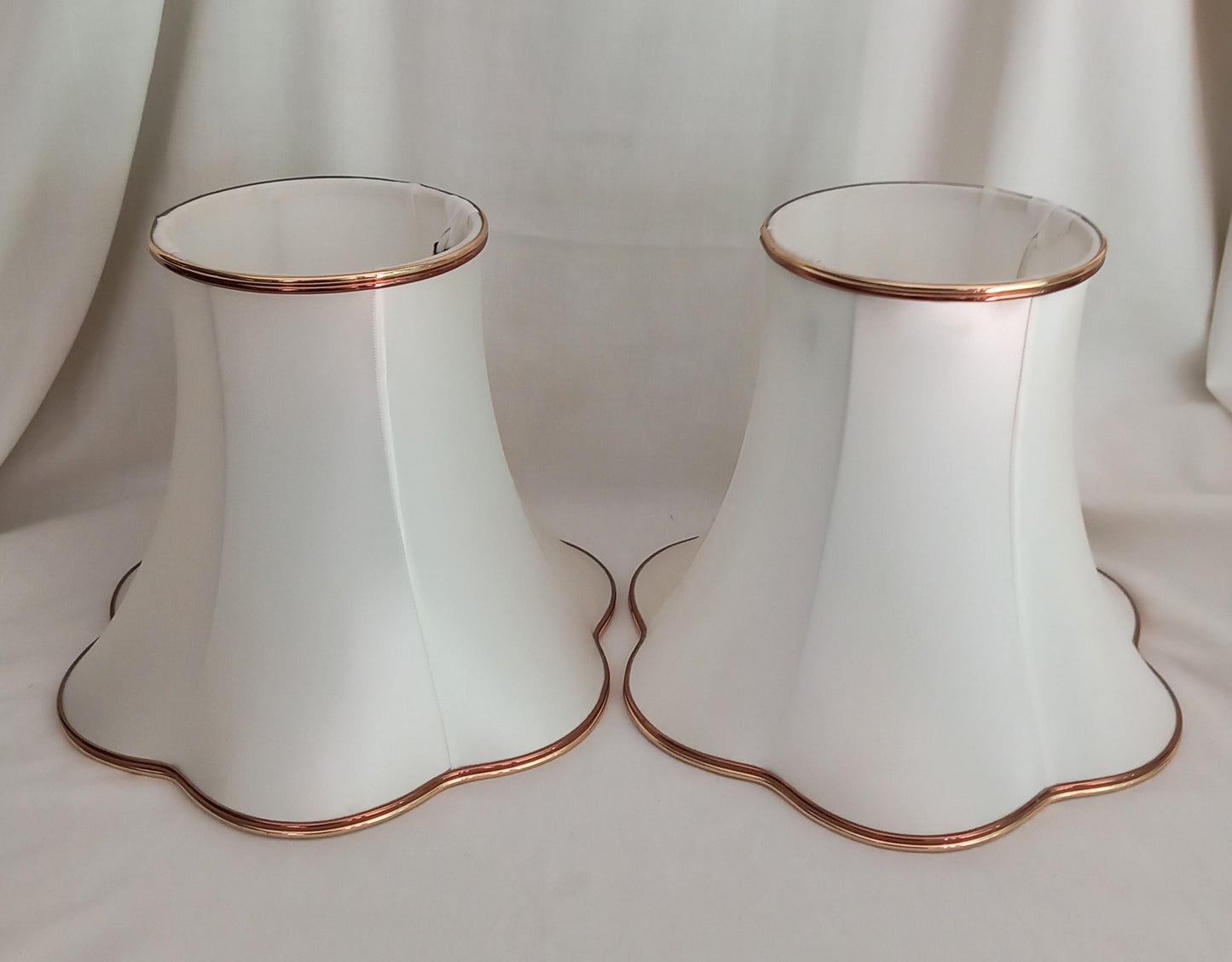 Pair 1980s white satin and gold trim fabric lampshades