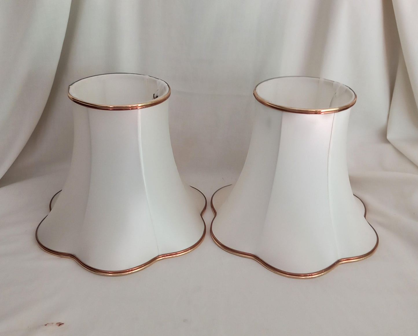 Pair 1980s white satin and gold trim fabric lampshades