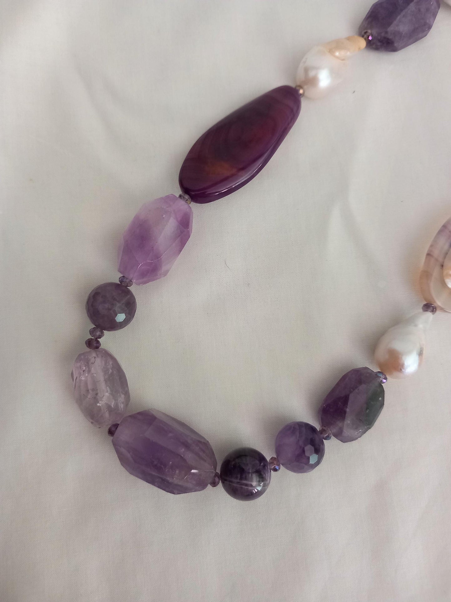 Purple amethyst, agate & pearl semi precious stone bead necklace