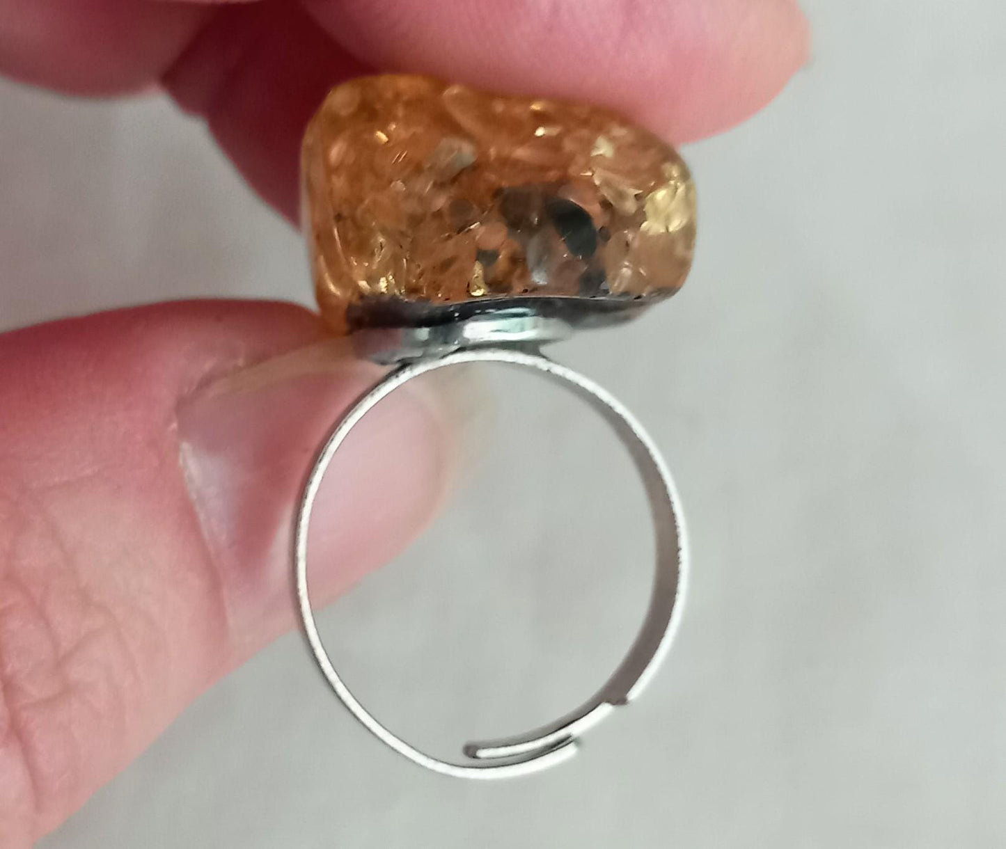 1970s yellow glitter Lucite chip ring, adjustable small to medium size