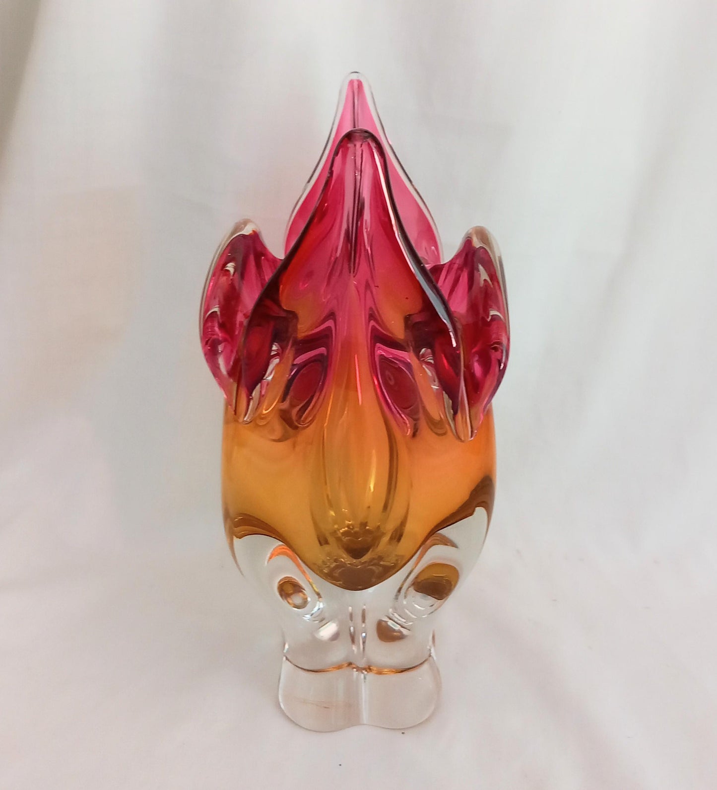 Vintage pink & yellow Sklo Union glass Chribska Cats Head vase by Josef Hospodka