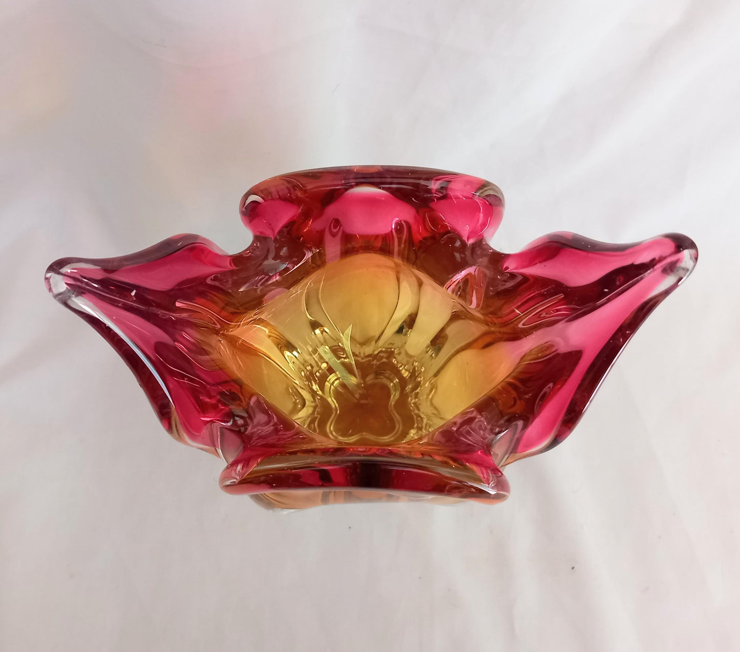 Vintage pink & yellow Sklo Union glass Chribska Cats Head vase by Josef Hospodka