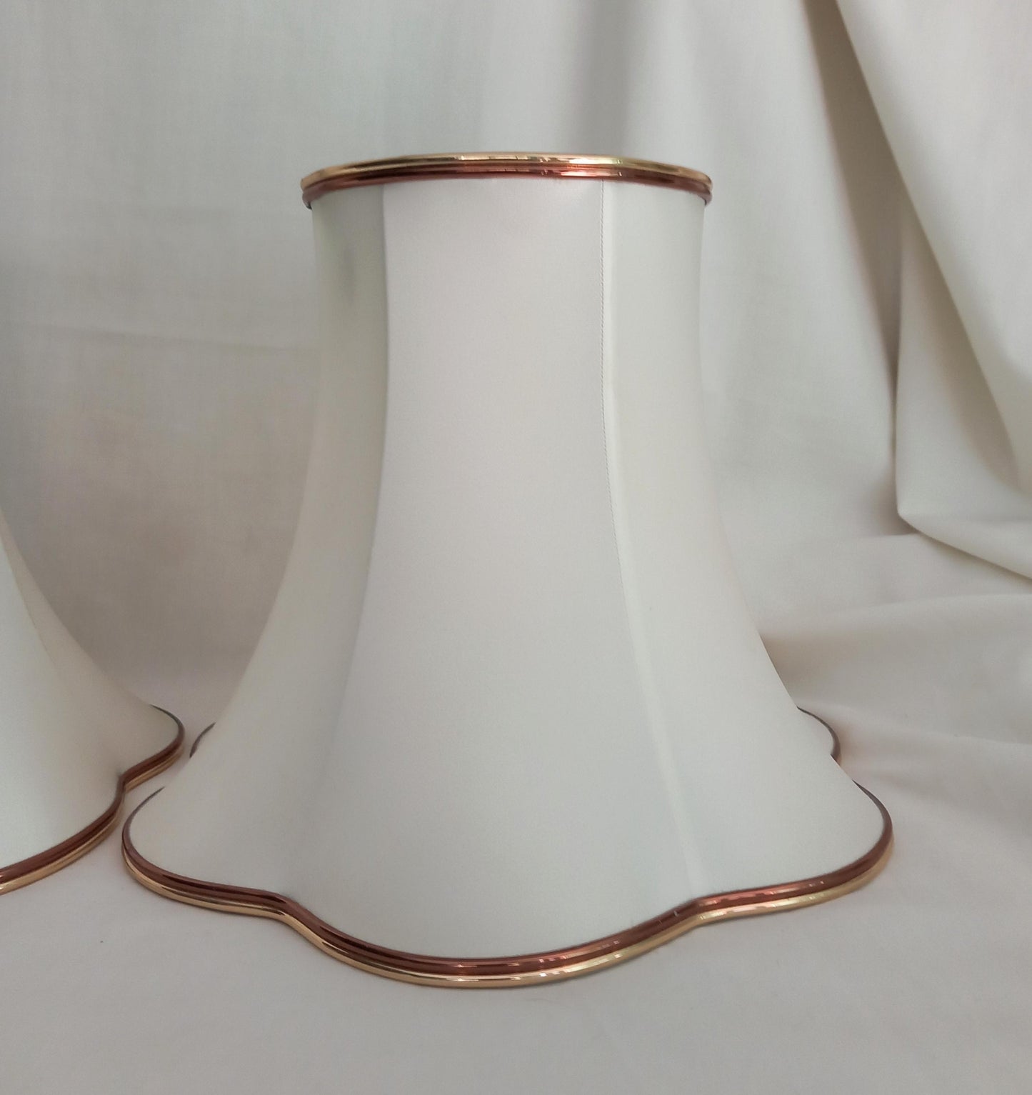 Pair 1980s white satin and gold trim fabric lampshades
