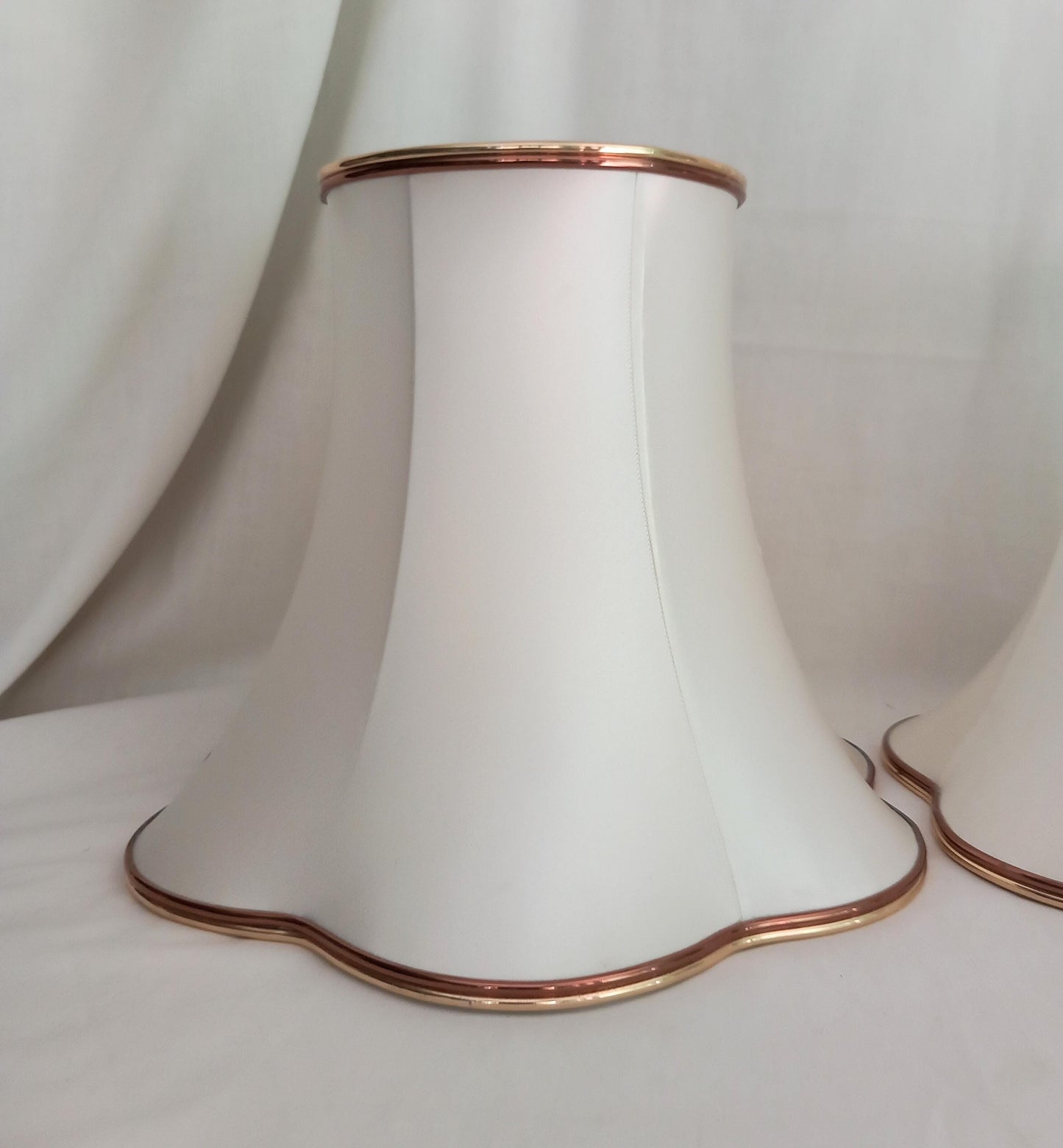 Pair 1980s white satin and gold trim fabric lampshades