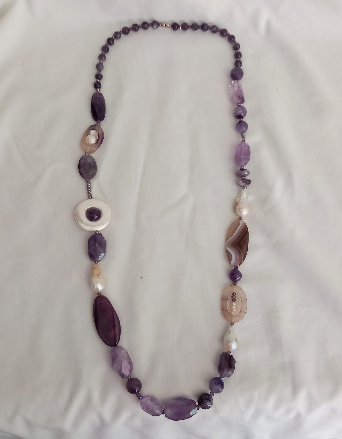 Purple amethyst, agate & pearl semi precious stone bead necklace