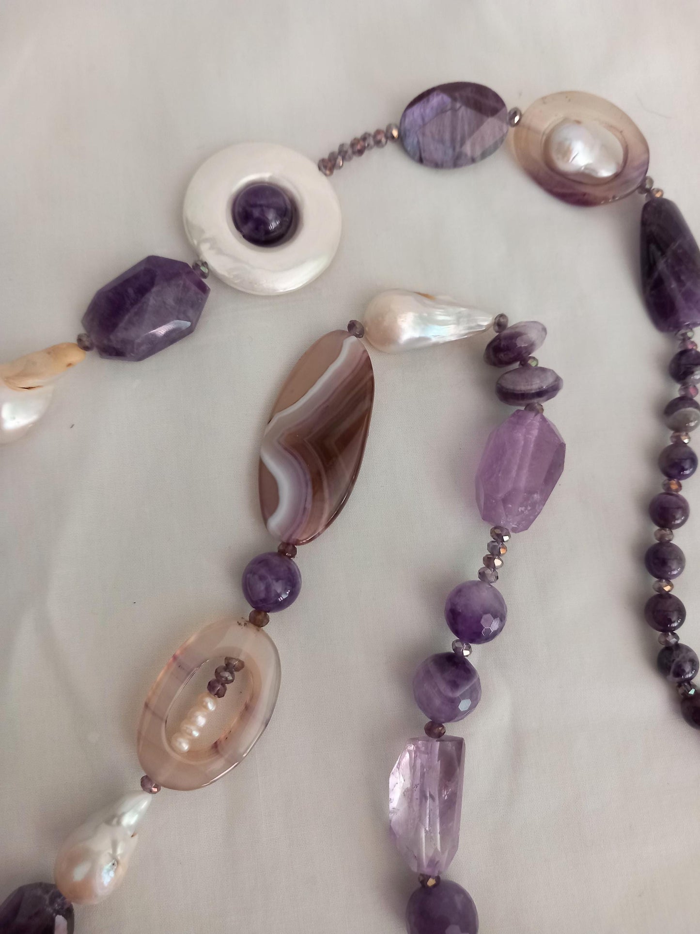 Purple amethyst, agate & pearl semi precious stone bead necklace