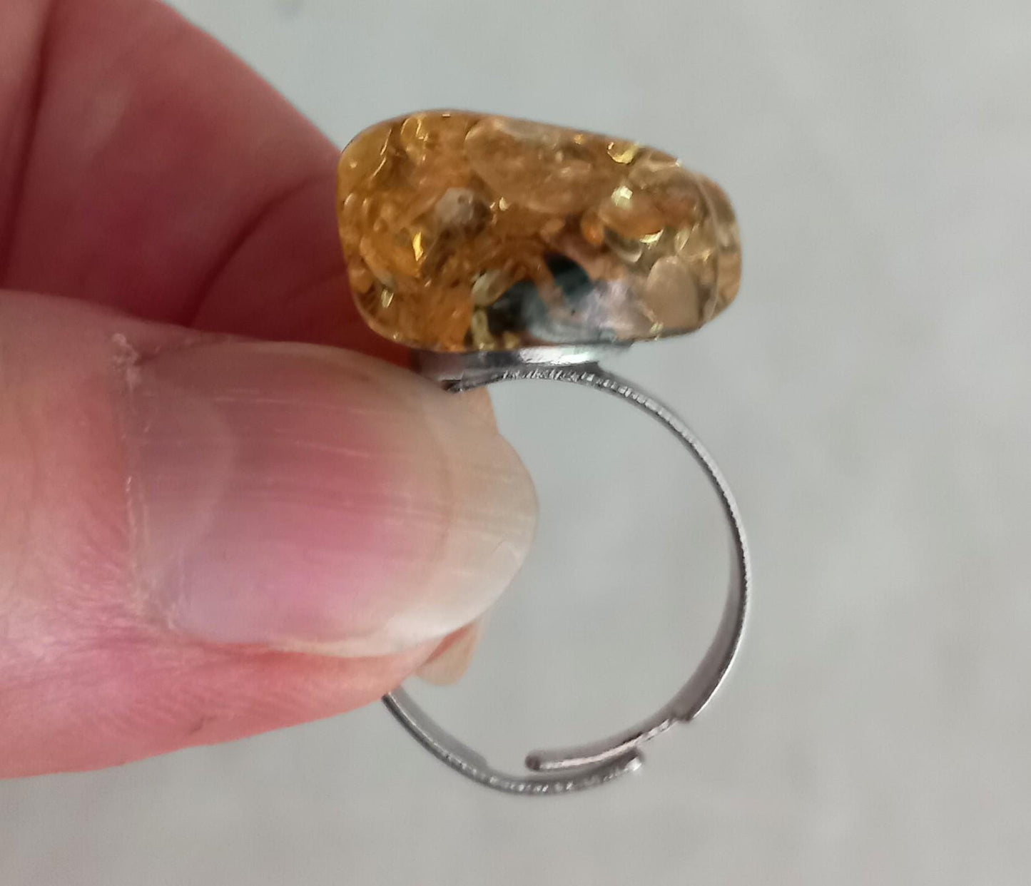 1970s yellow glitter Lucite chip ring, adjustable small to medium size