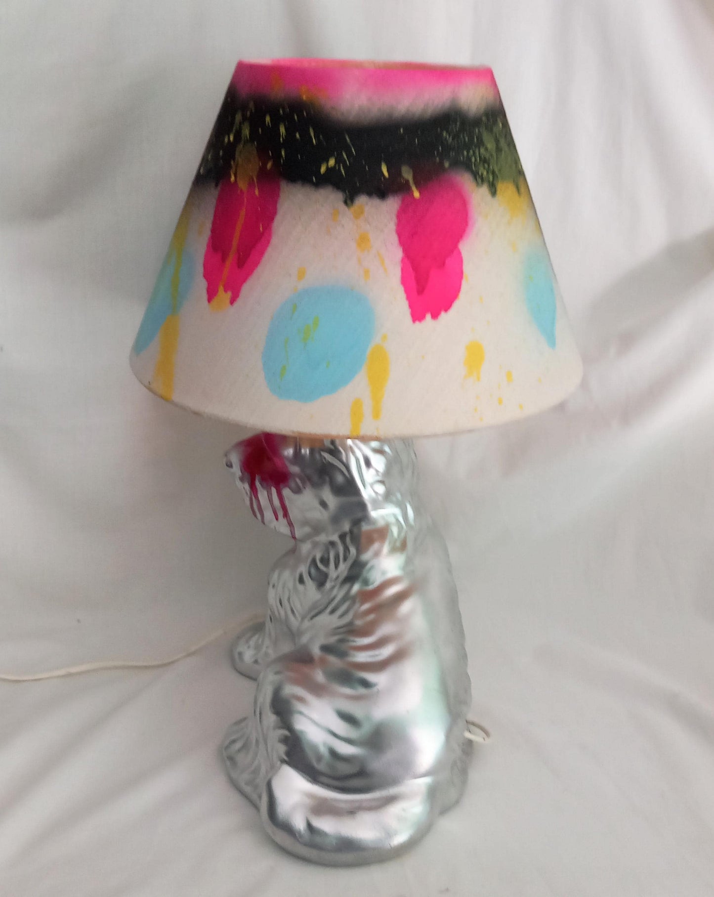 Hand made hot pink & silver graffiti dog accent lamp with shade