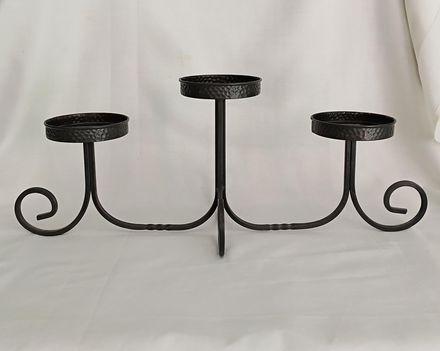 1990s Partylite black wrought iron curled 3 arm candelabra