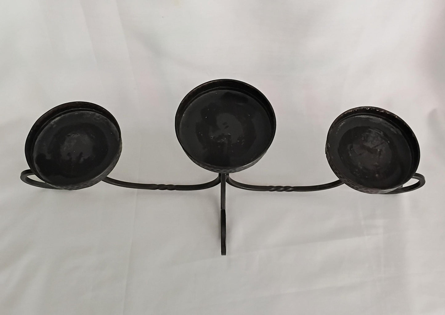 1990s Partylite black wrought iron curled 3 arm candelabra
