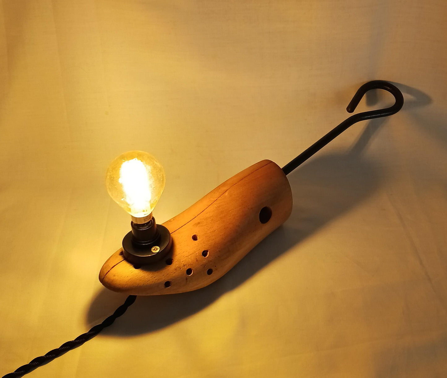 Hand made vintage wooden shoe stretcher hanging lamp with filament bulb