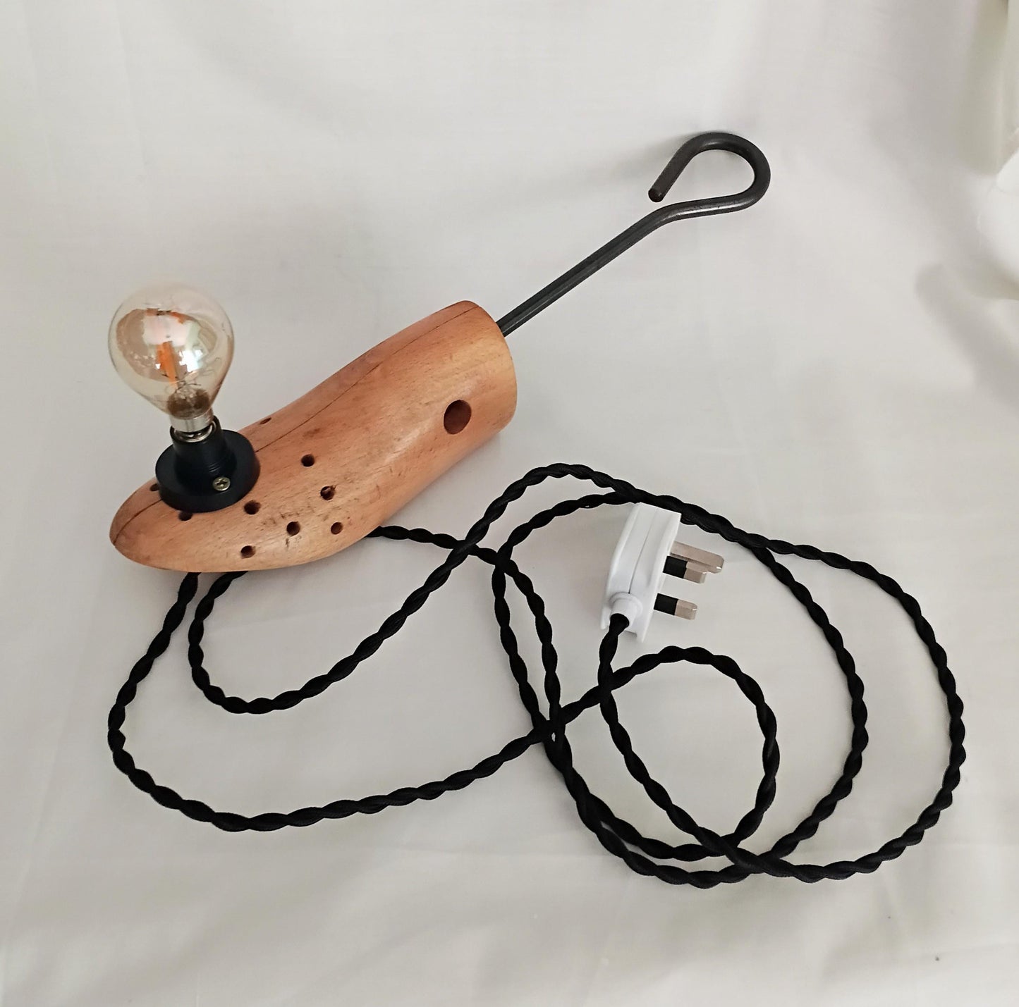 Hand made vintage wooden shoe stretcher hanging lamp with filament bulb