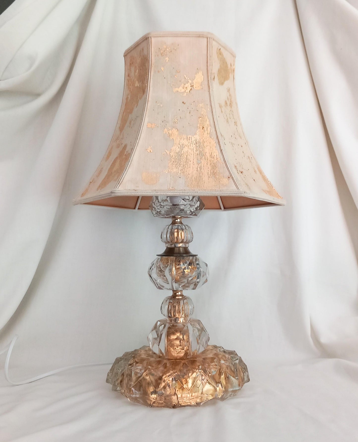 OOAK hand made clear crystal and gold leaf table lamp & shade