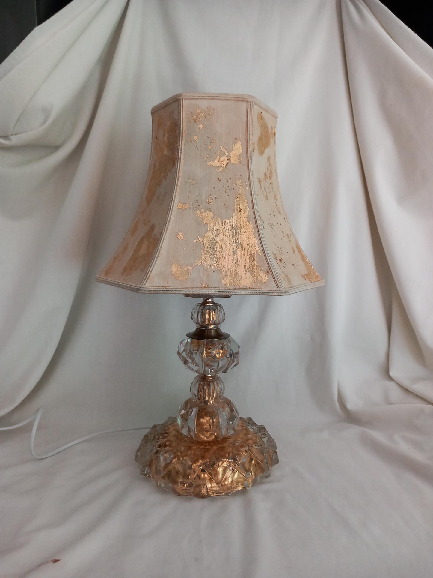 OOAK hand made clear crystal and gold leaf table lamp & shade