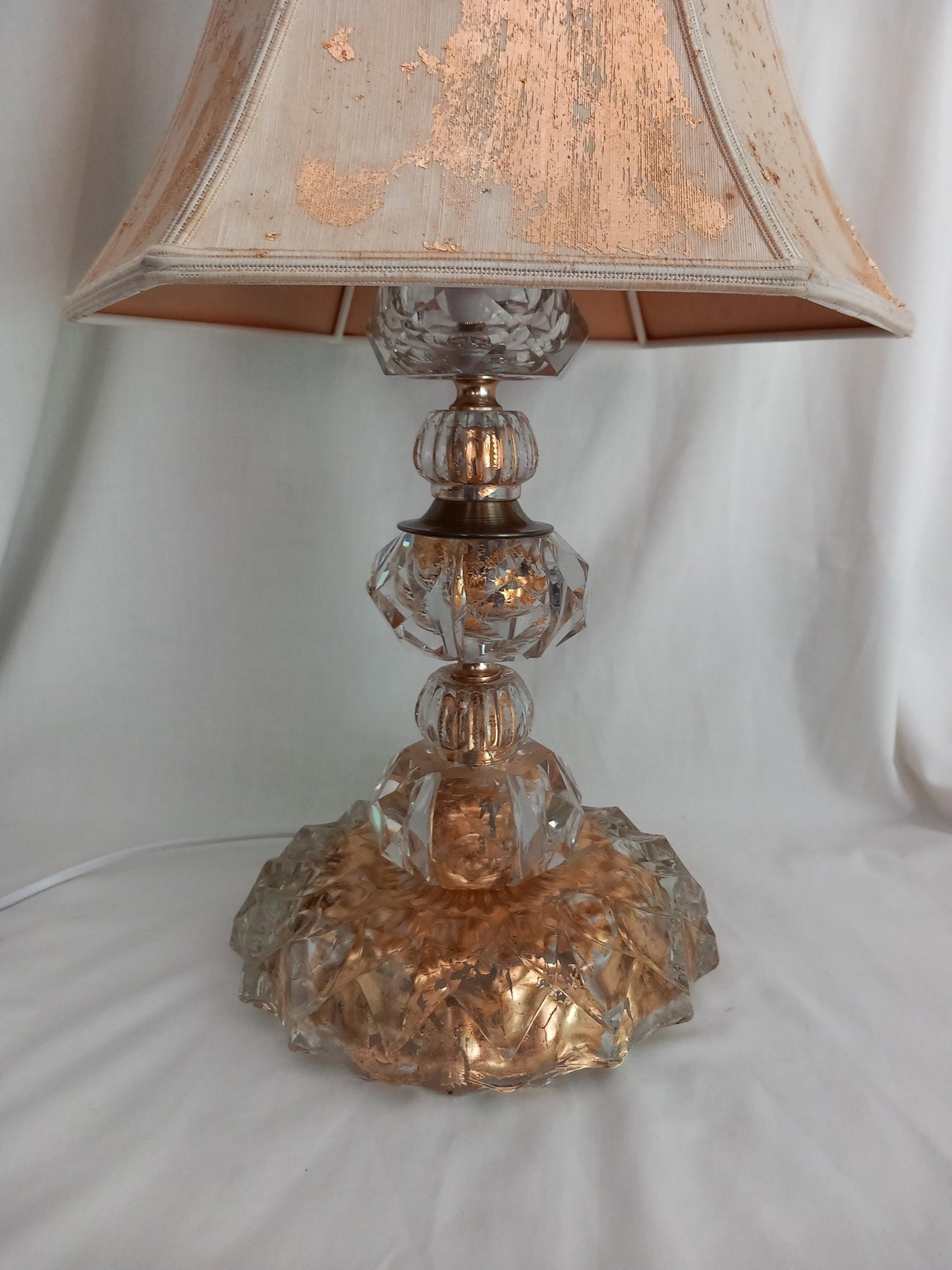 OOAK hand made clear crystal and gold leaf table lamp & shade