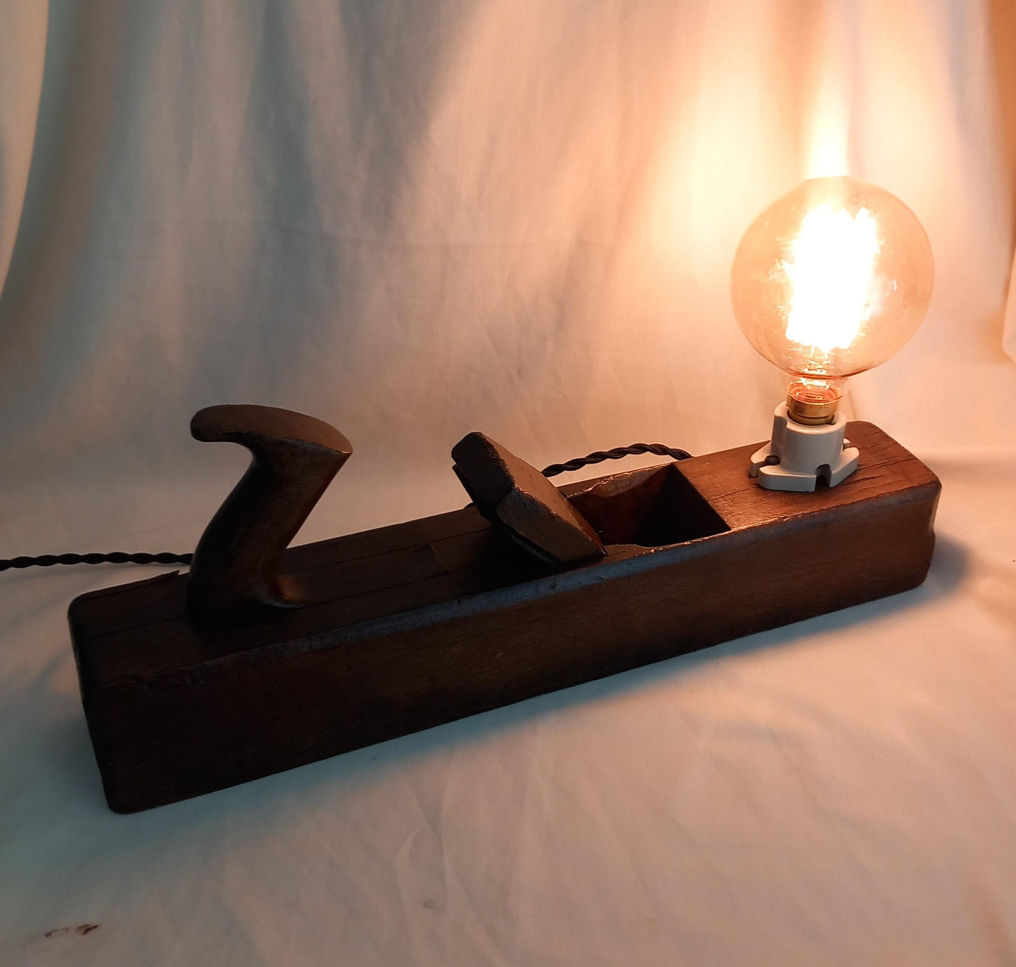 Hand made large vintage wooden plane accent lamp with filament bulb