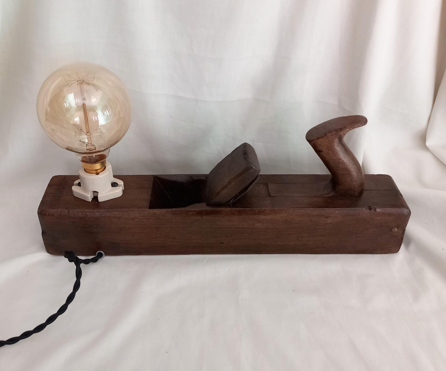 Hand made large vintage wooden plane accent lamp with filament bulb