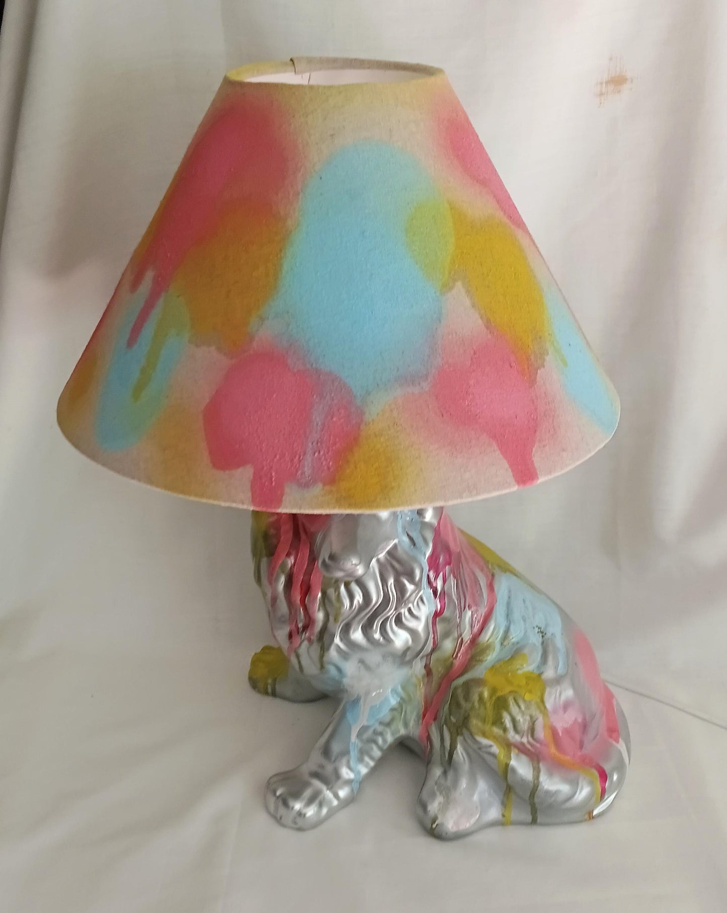 Hand made pastel & silver graffiti design dog accent lamp with shade