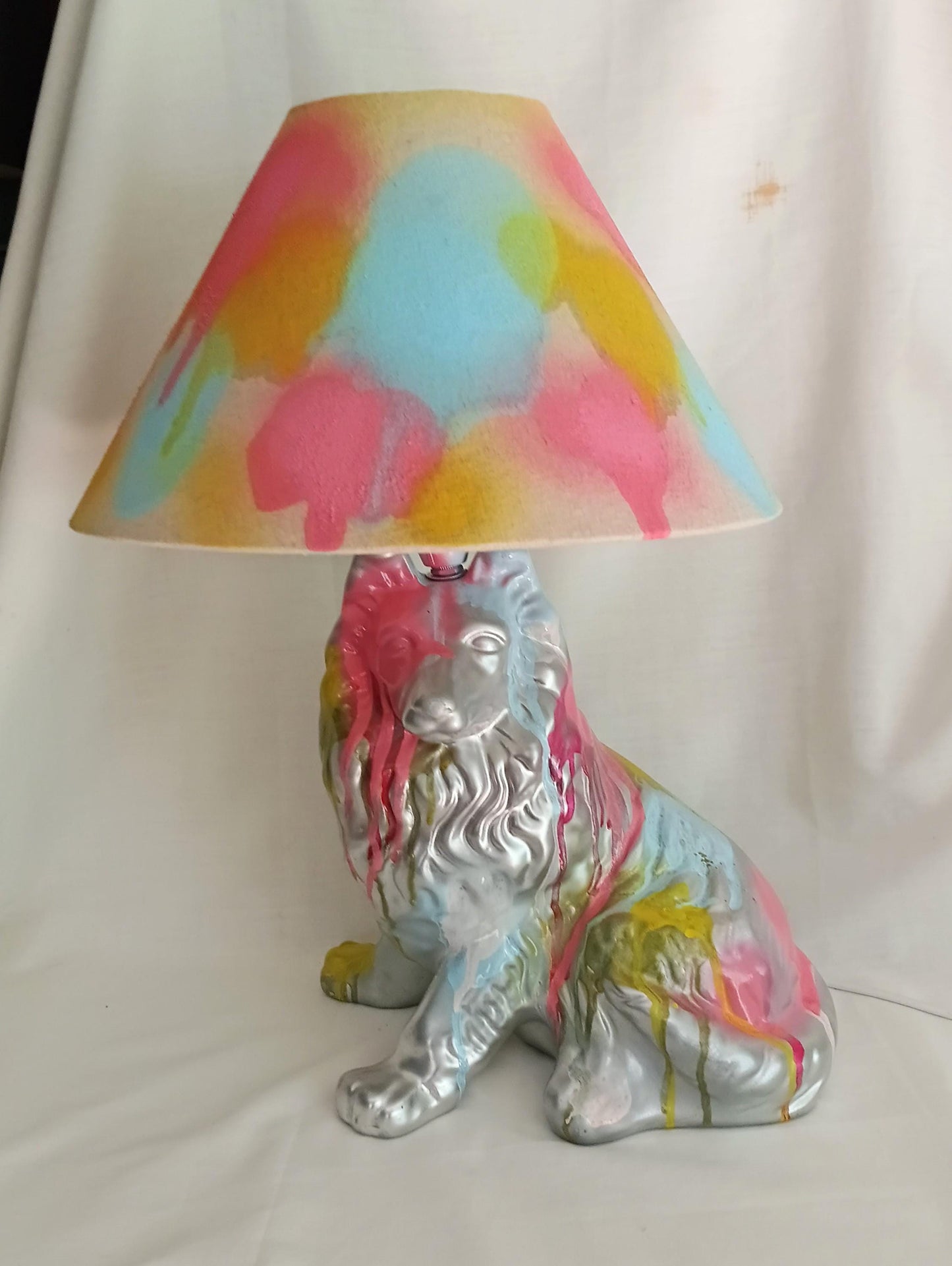 Hand made pastel & silver graffiti design dog accent lamp with shade