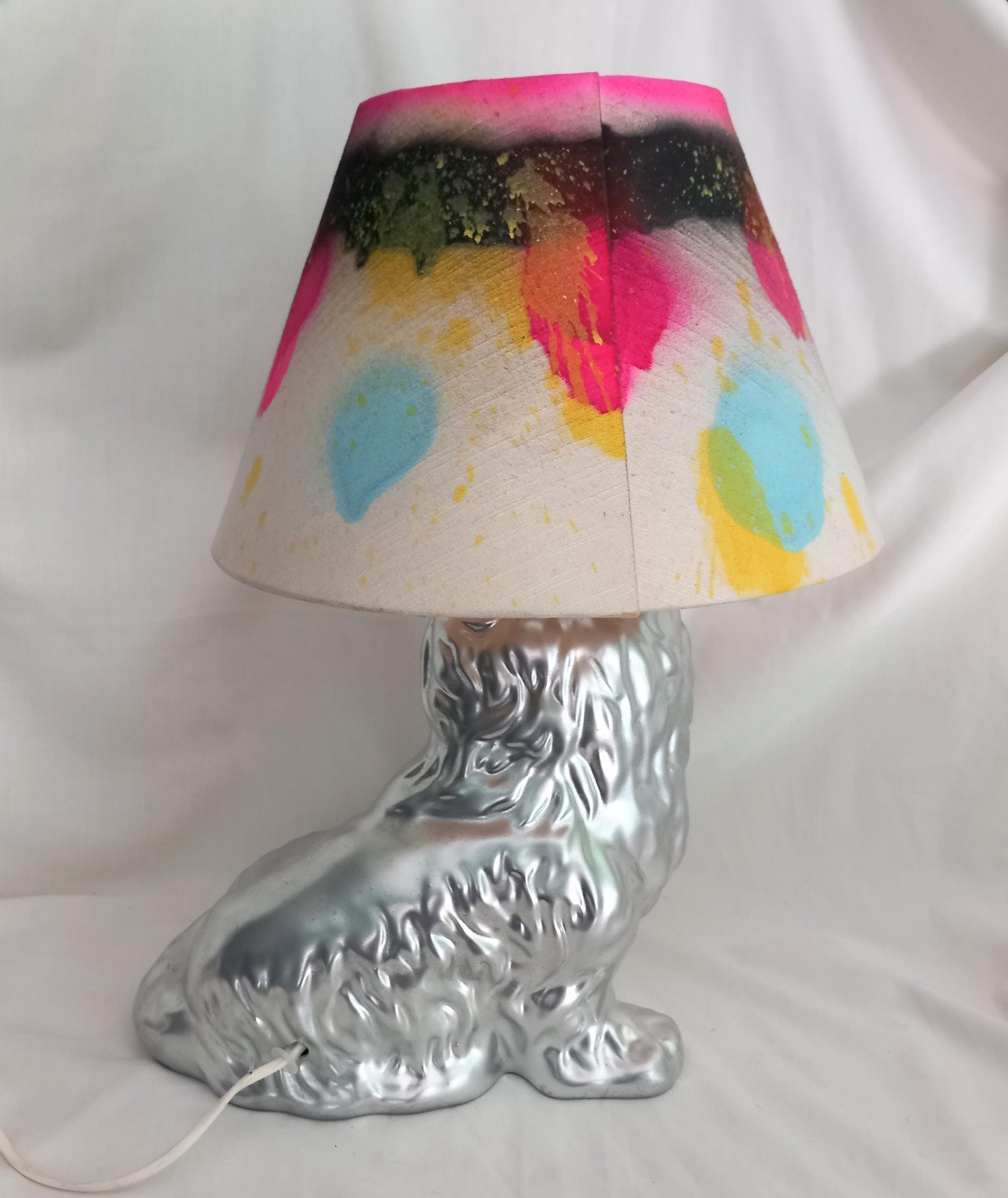 Hand made hot pink & silver graffiti dog accent lamp with shade