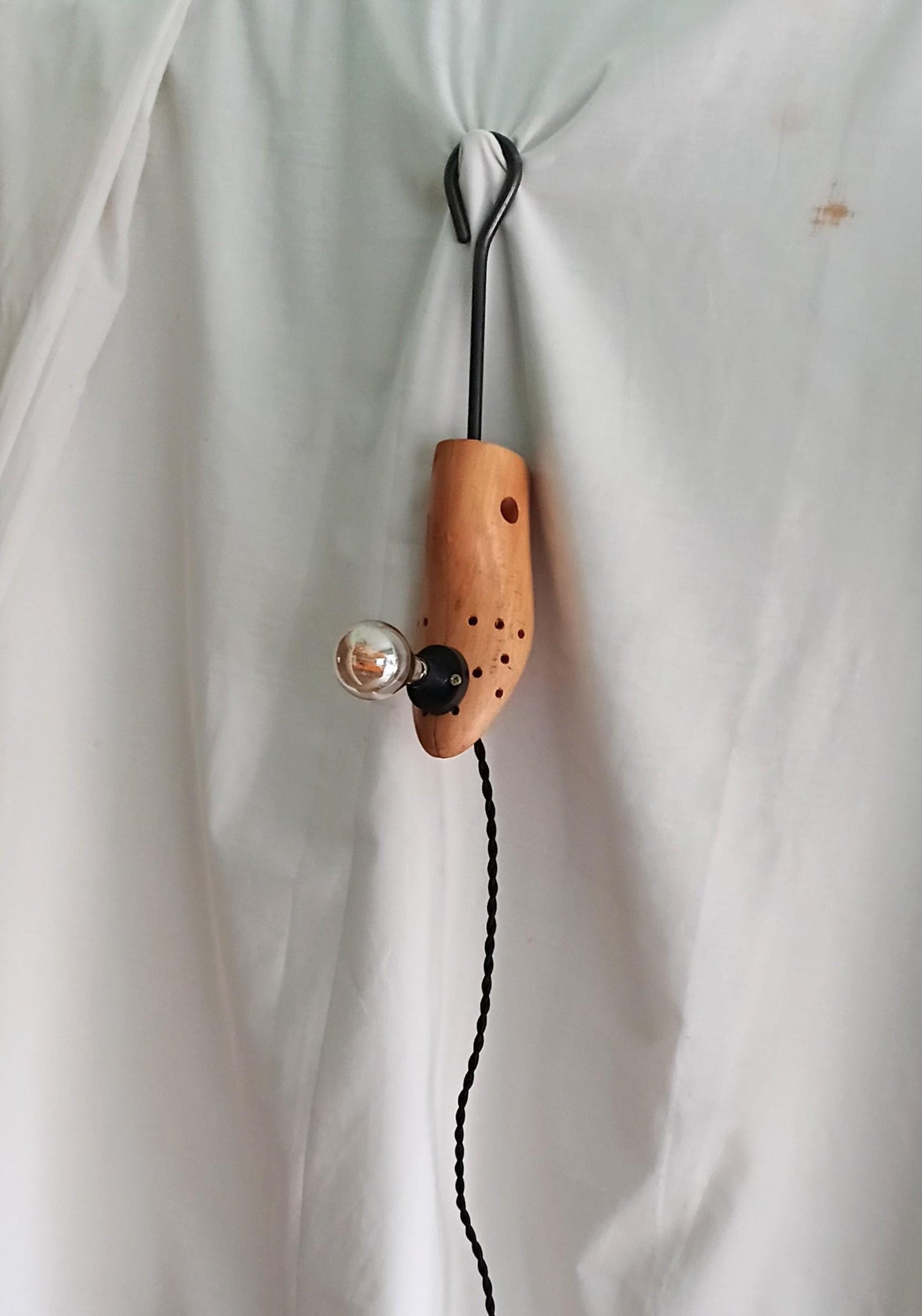 Hand made vintage wooden shoe stretcher hanging lamp with filament bulb