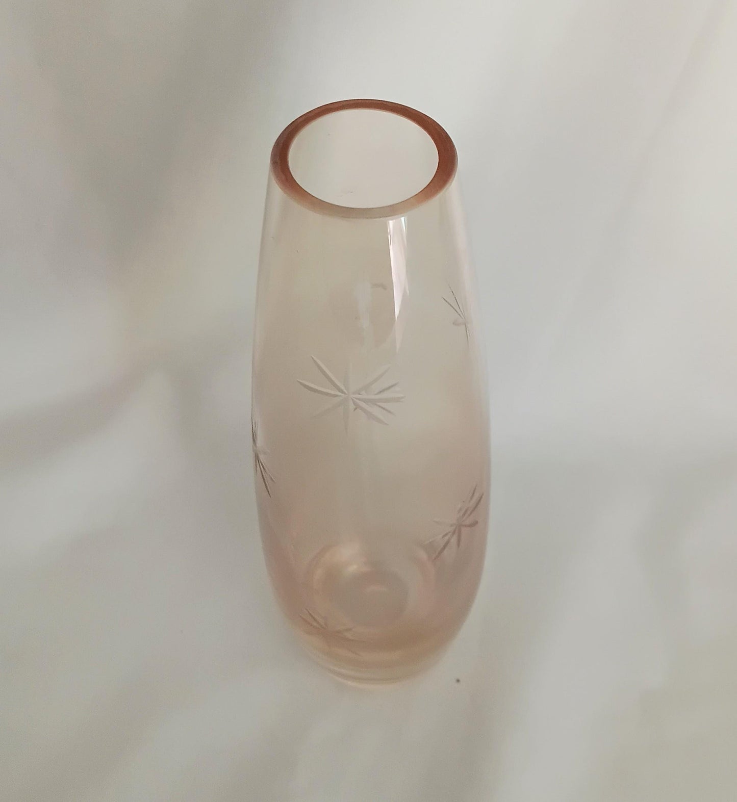 1990s peach lustre cut star design glass vase