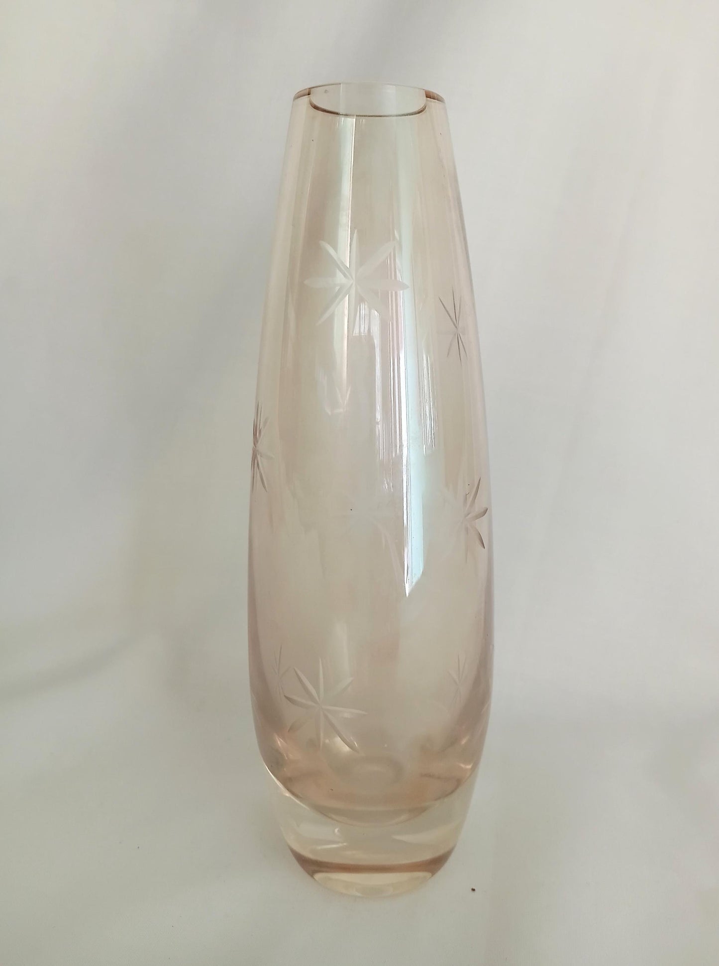 1990s peach lustre cut star design glass vase